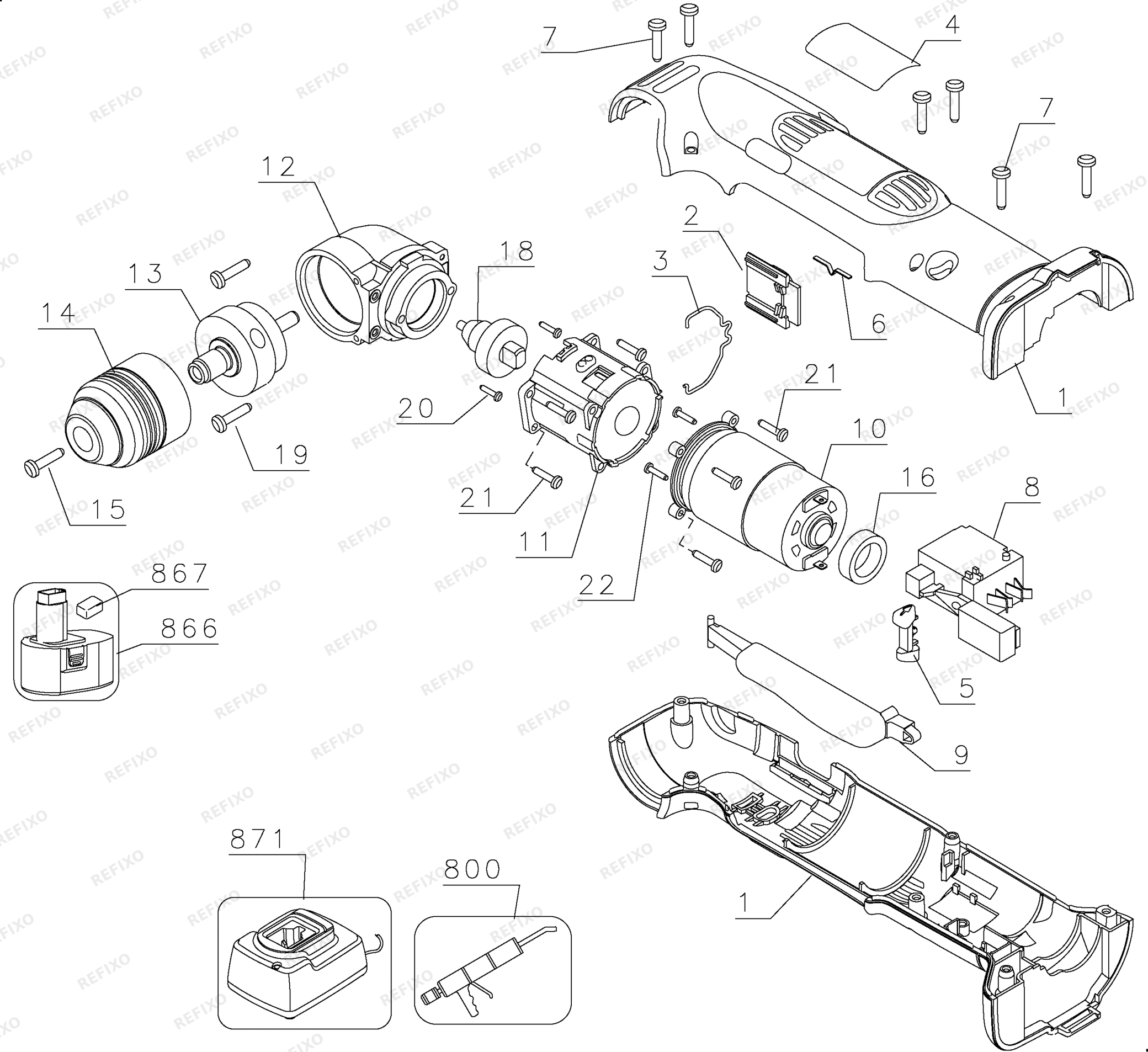 Деталировка DeWalt DW965K-QW TYPE 1 RIGHT ANGLE DRILL DW965K-QW DW965K — схема запчастей в разборе
