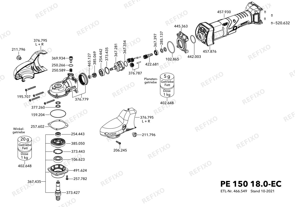 Деталировка Flex PE 150 18-EC C — схема запчастей в разборе