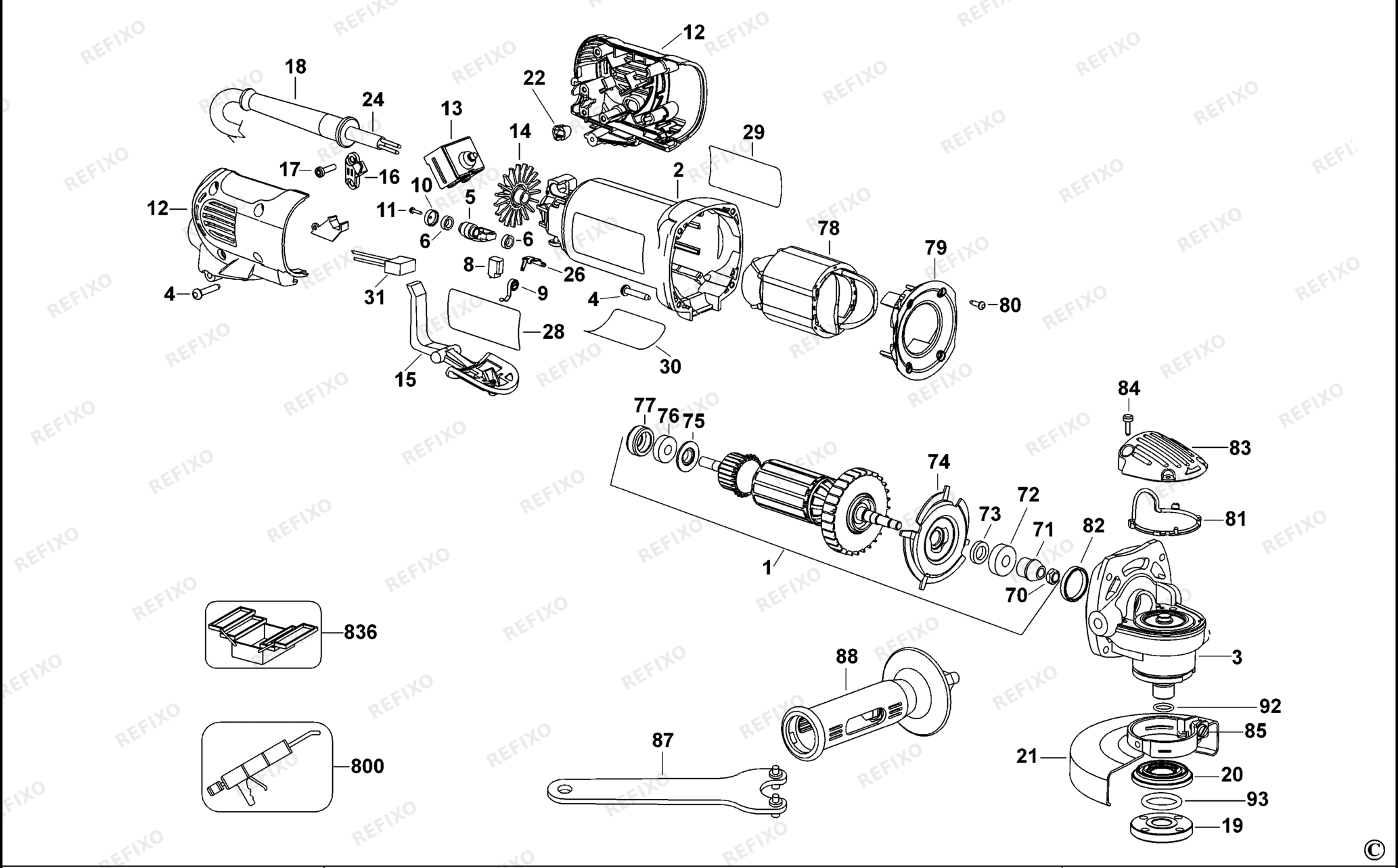 Деталировка DeWalt D28142-LX TYPE 1 SMALL ANGLE GRINDER D28142-LX D28142 — схема запчастей в разборе