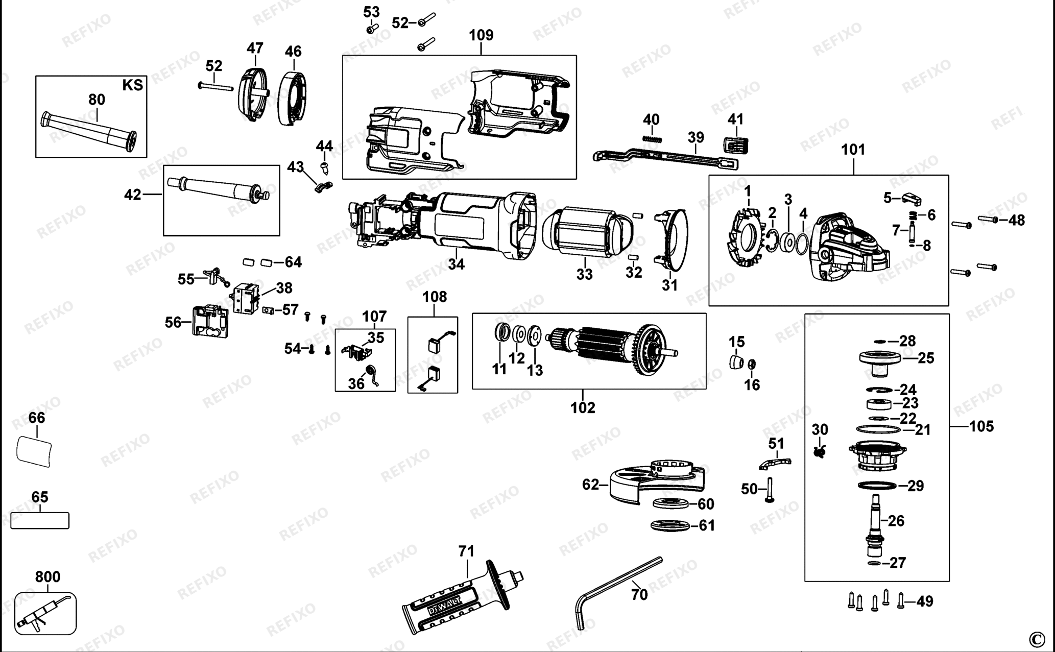 Деталировка DeWalt DWE4238-QS TYPE 1 SMALL ANGLE GRINDER DWE4238-QS DWE4238 — схема запчастей в разборе