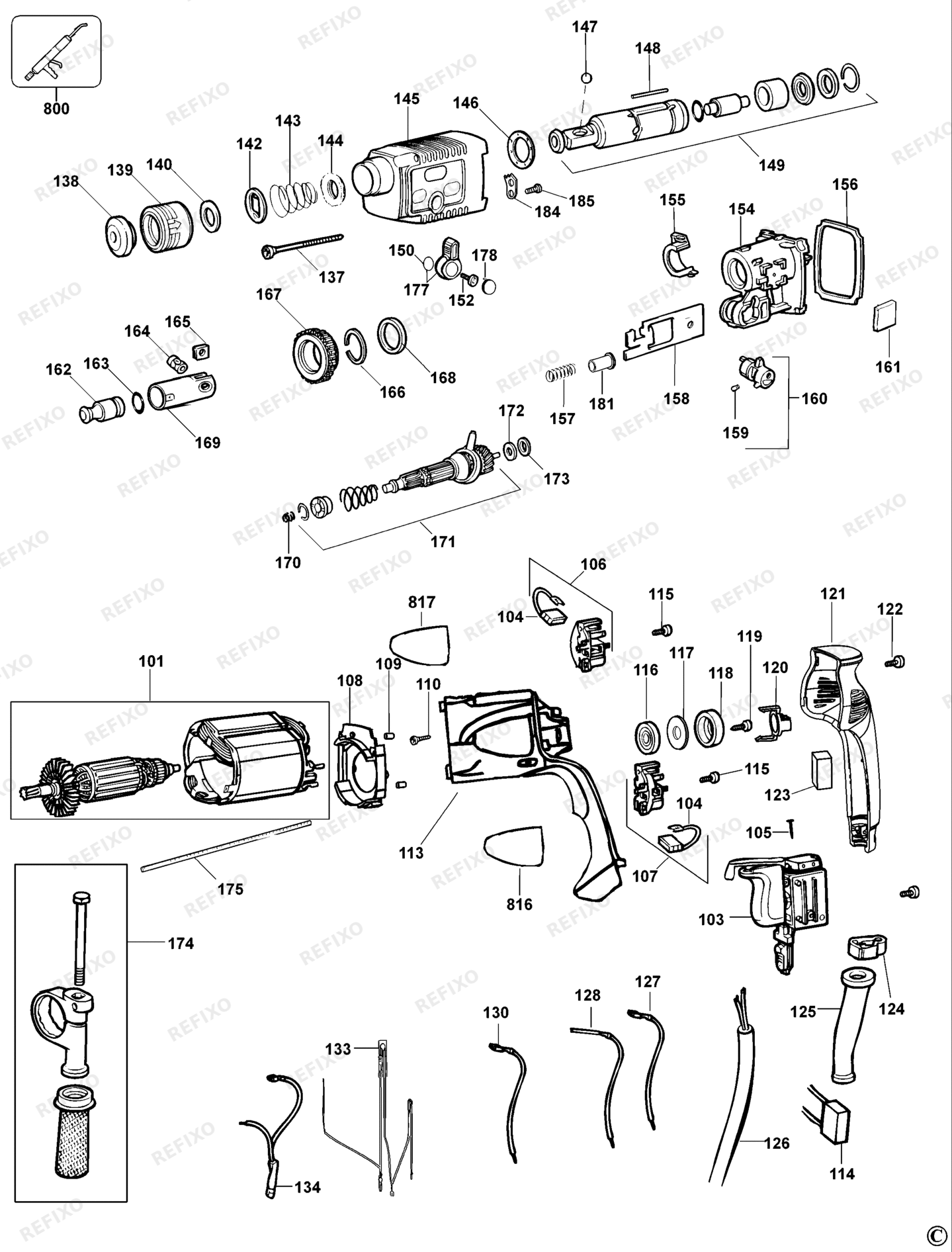 Деталировка DeWalt D25003K-QS TYPE 1 DREHHAMMER D25003K-QS D25003K — схема запчастей в разборе