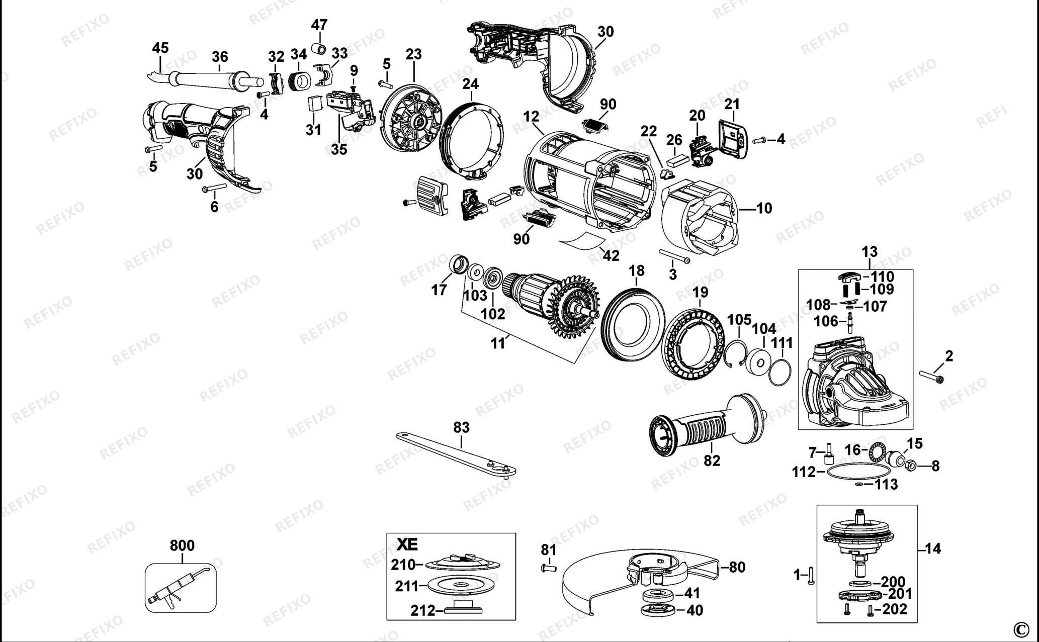 Деталировка DeWalt DWE4557-QS TYPE 1 угловая шлифмашина DWE4557-QS DWE4557 — схема запчастей в разборе