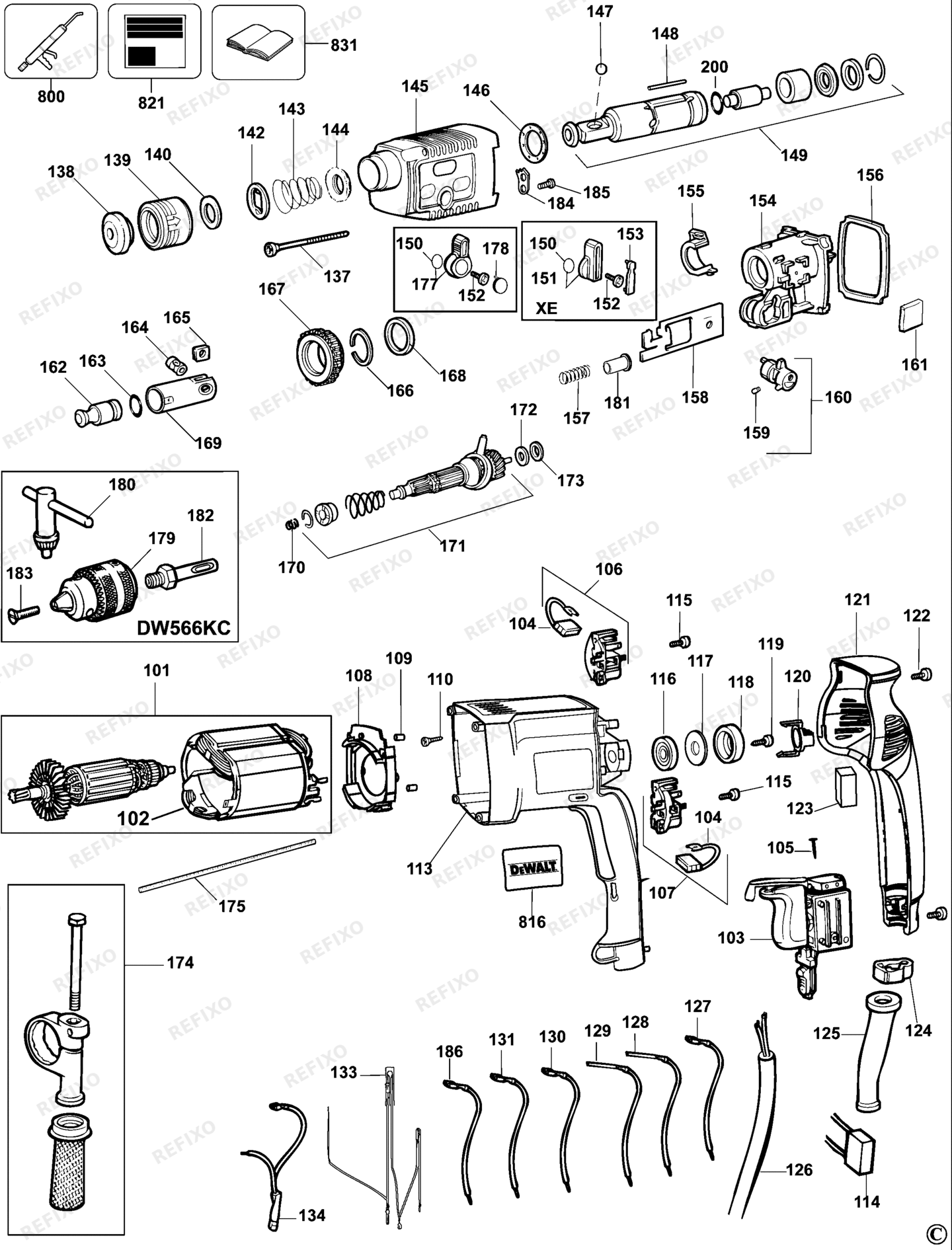 Деталировка DeWalt DW566-QS TYPE 3 DREHHAMMER DW566-QS DW566 — схема запчастей в разборе