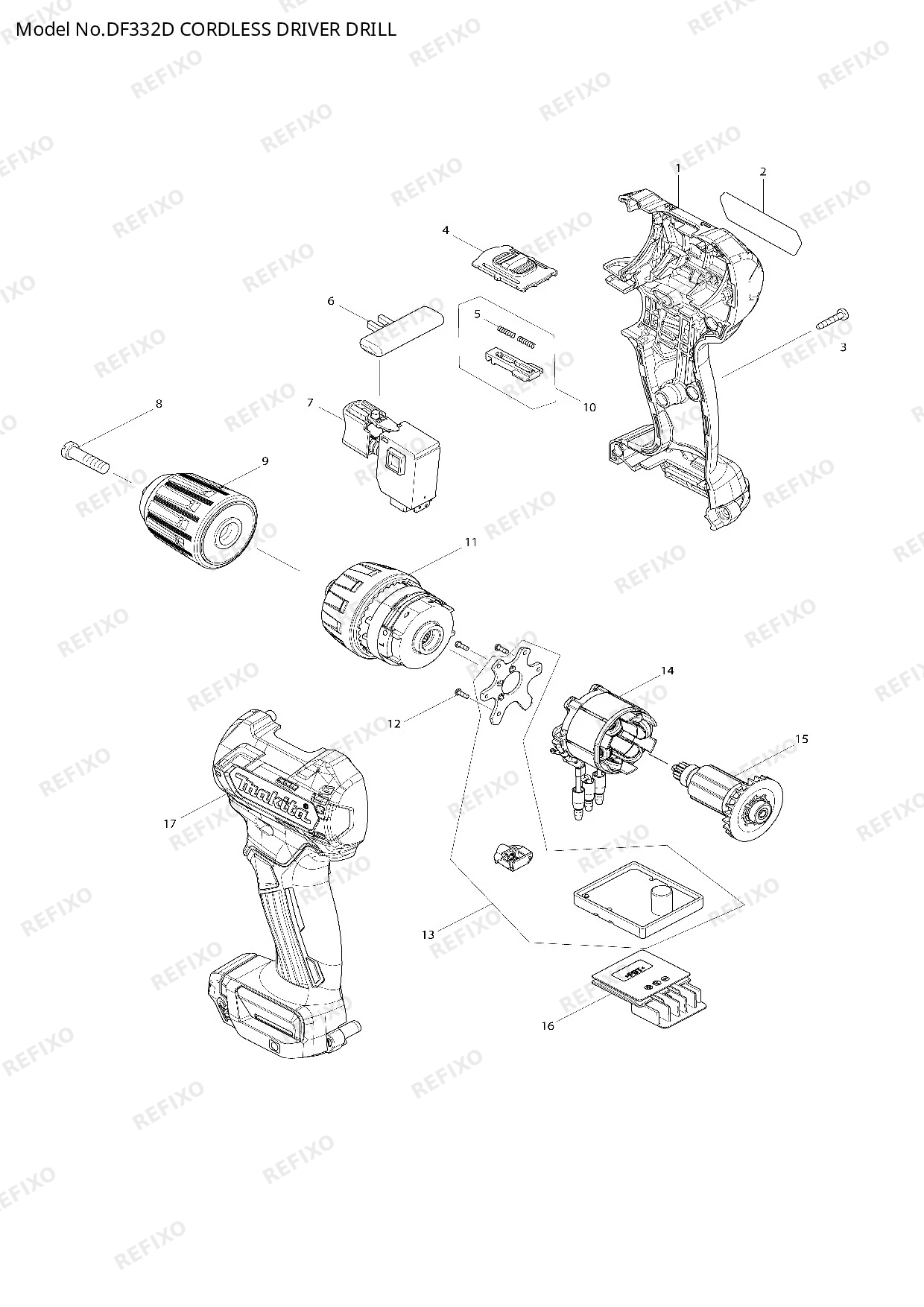 Деталировка MAKITA DF332D — схема запчастей в разборе