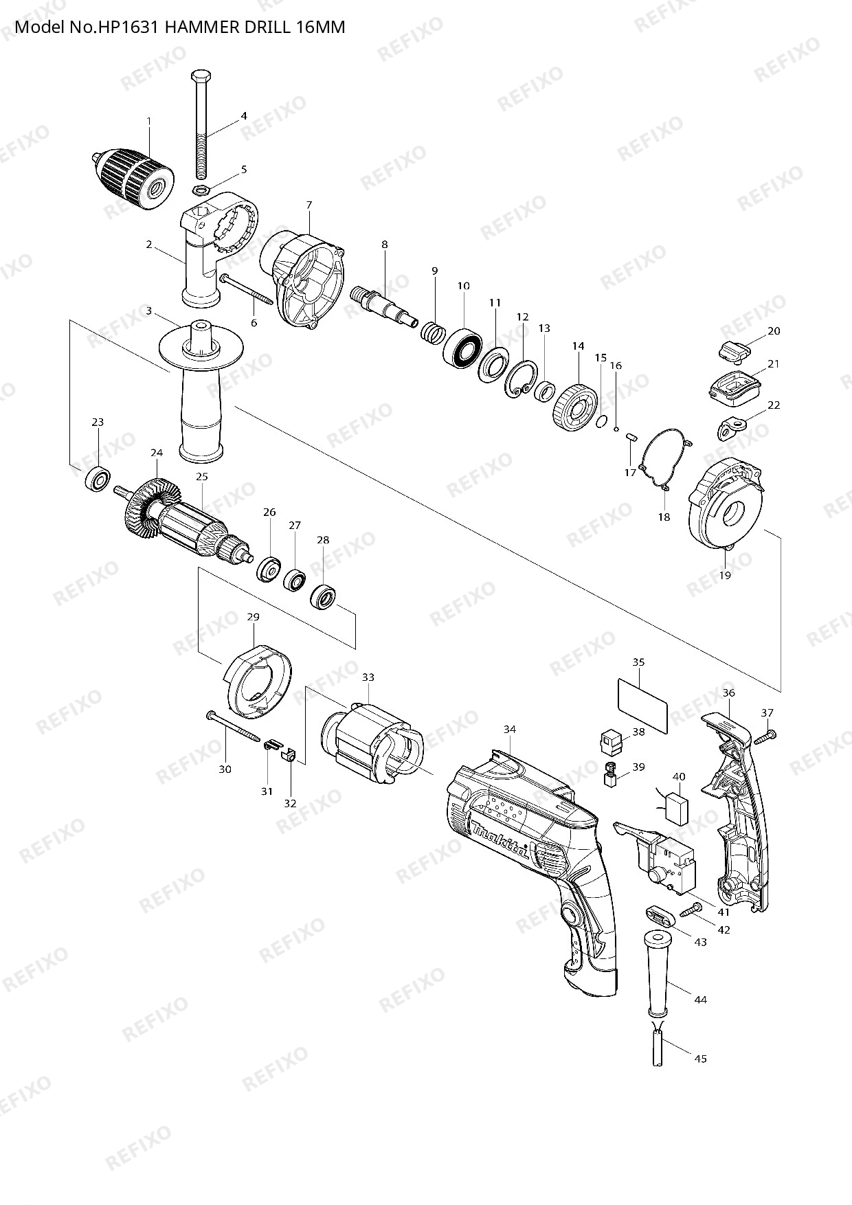 Деталировка MAKITA HP1631 — схема запчастей в разборе
