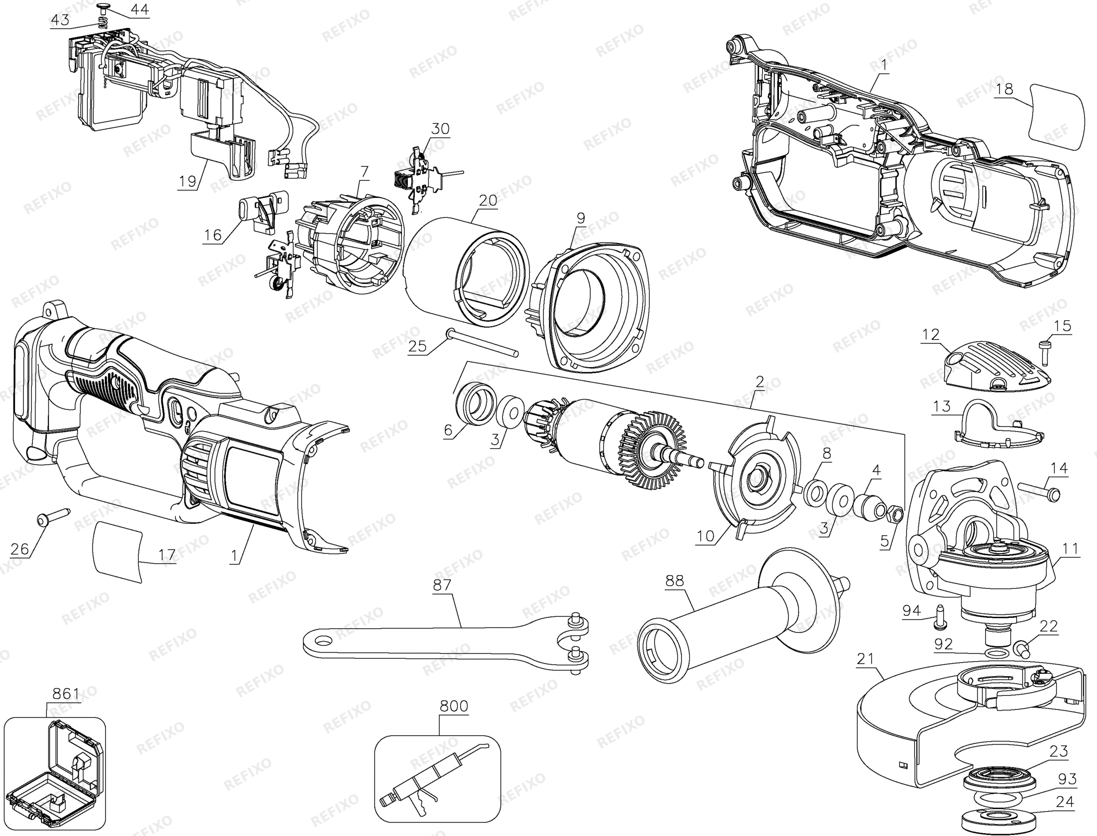 Деталировка DeWalt DCG422-XJ TYPE 1 SMALL ANGLE GRINDER DCG422-XJ DCG422 — схема запчастей в разборе