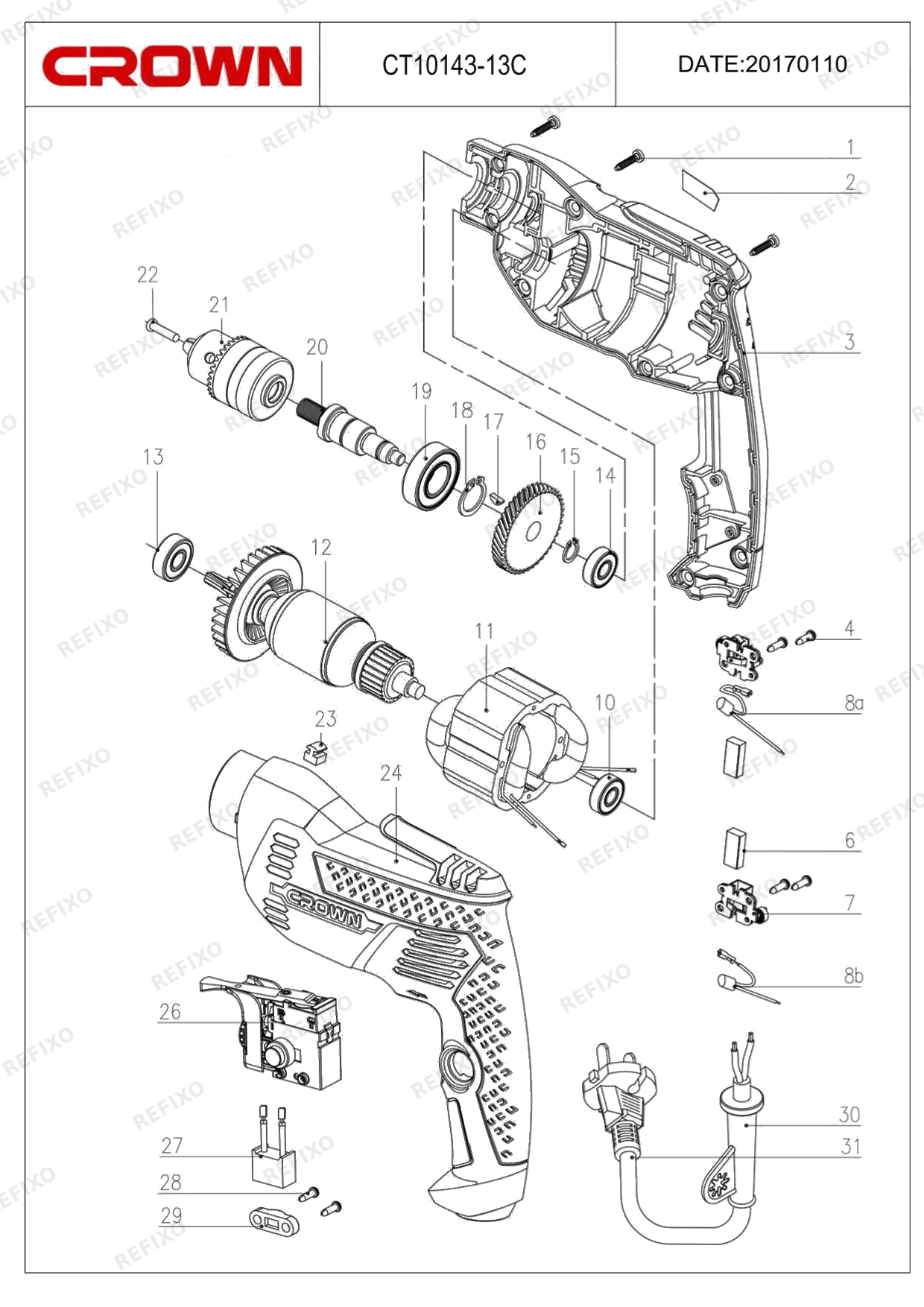Деталировка CROWN CT10143 13С — схема запчастей в разборе
