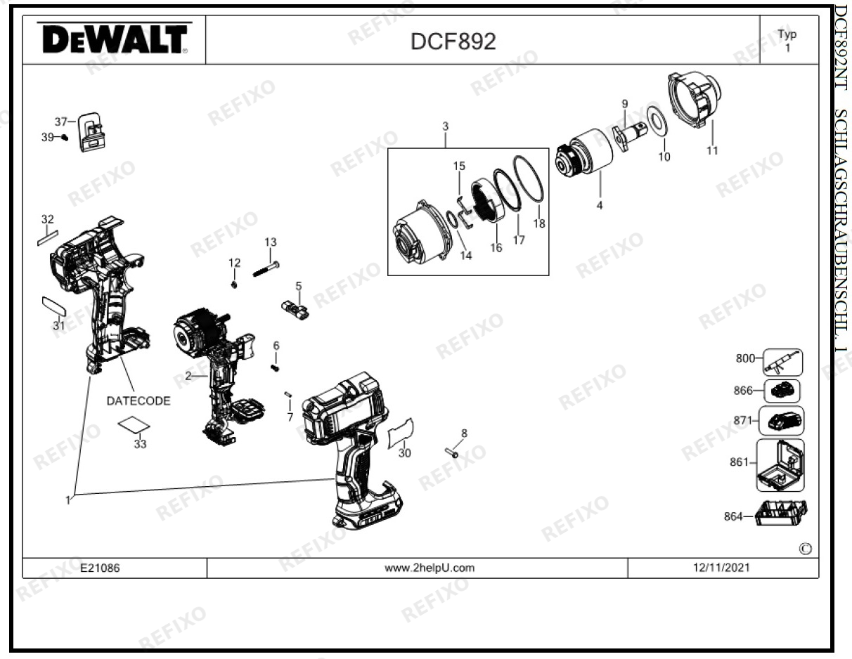 Деталировка DeWalt DCF892NT TYPE 1 SCHLAGSCHRAUBENSCHL. DCF892NT-XJ DCF892NT — схема запчастей в разборе
