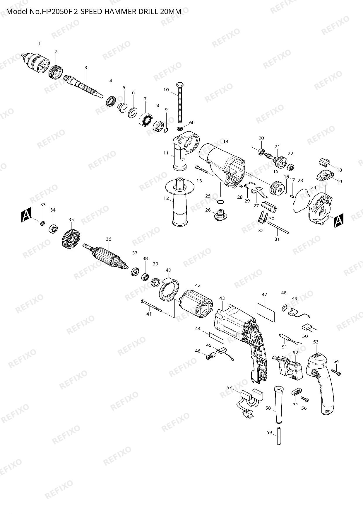 Деталировка MAKITA HP2050F — схема запчастей в разборе