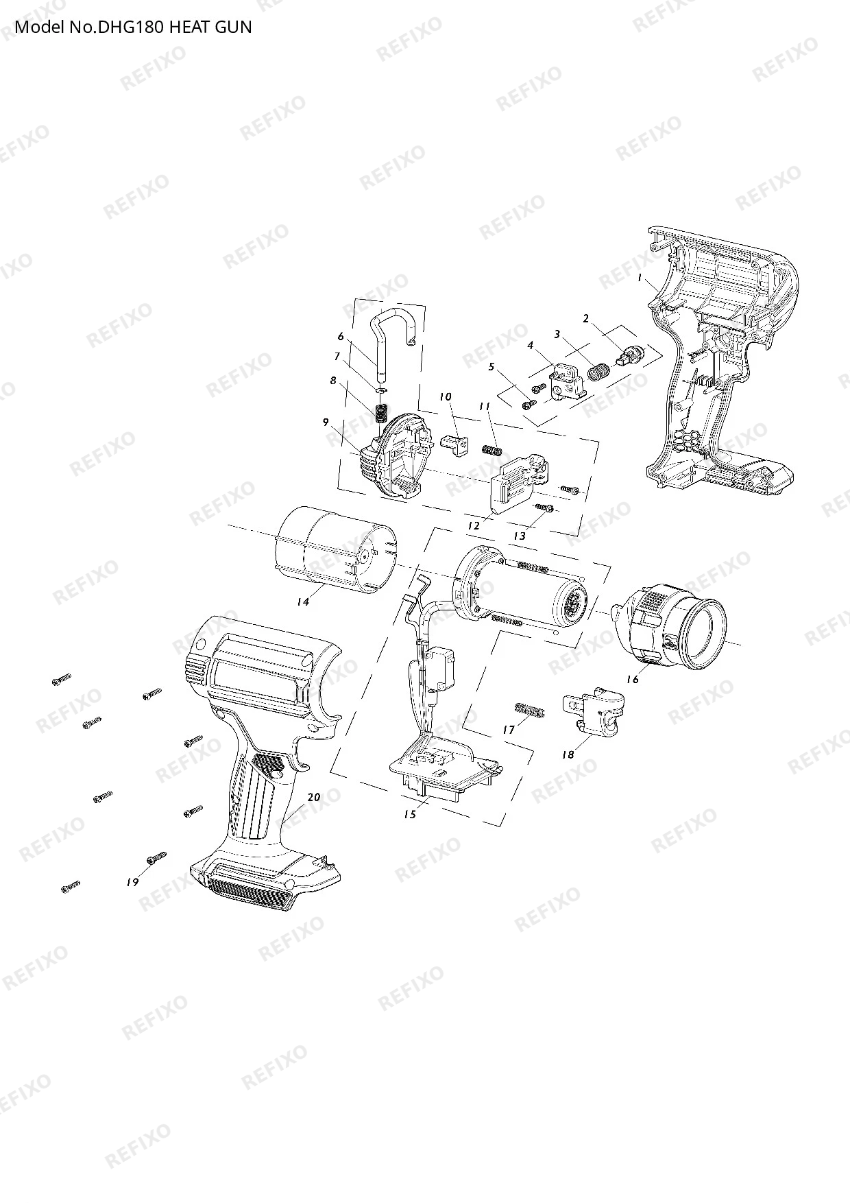 Деталировка MAKITA DHG180 — схема запчастей в разборе