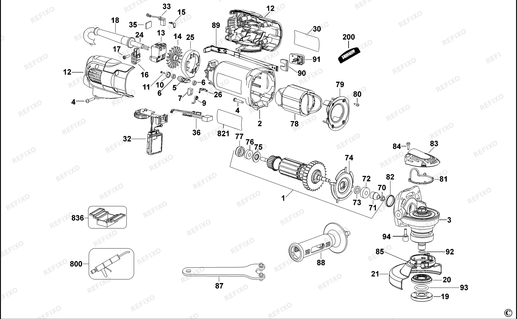 Деталировка DeWalt D28137-QS TYPE 2 SMALL ANGLE GRINDER D28137-QS D28137 — схема запчастей в разборе