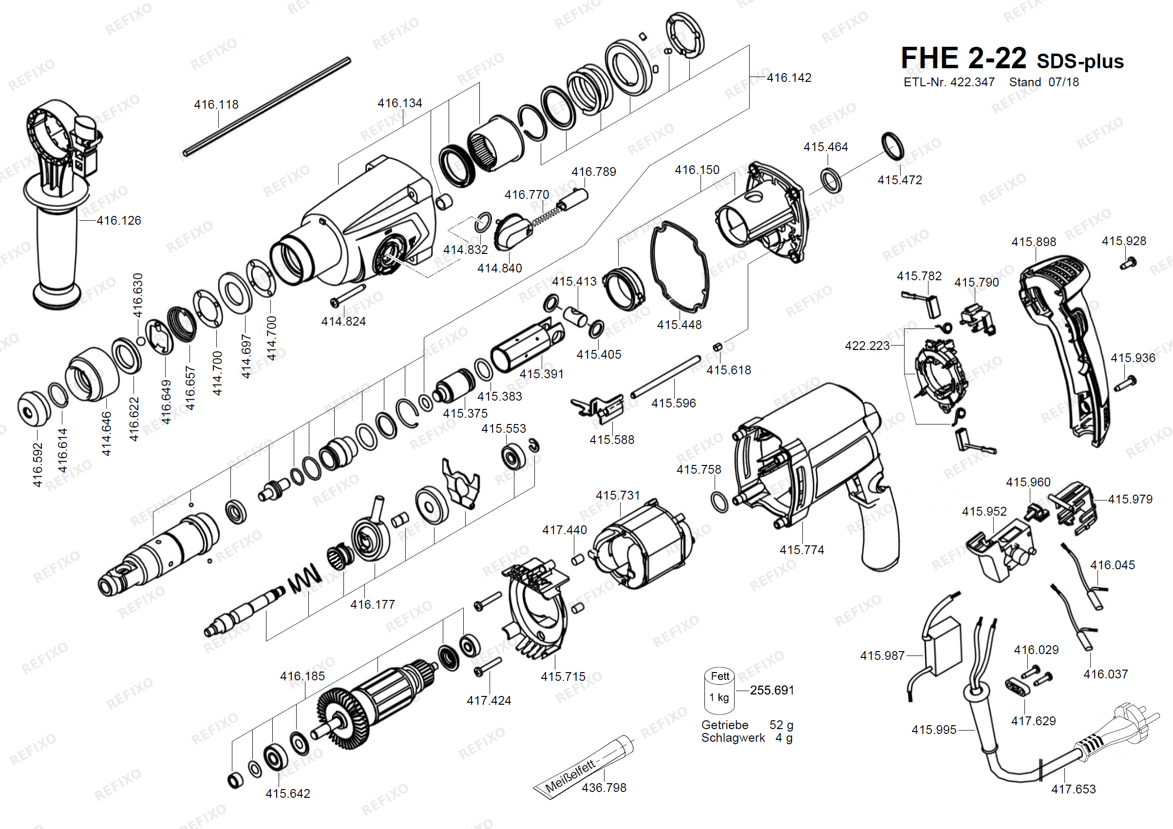 Деталировка Flex FHE 2-22 SDS-plus - перфоратор 2,3 kg, SDS-plus FHE2-22SDS-plus — схема запчастей в разборе