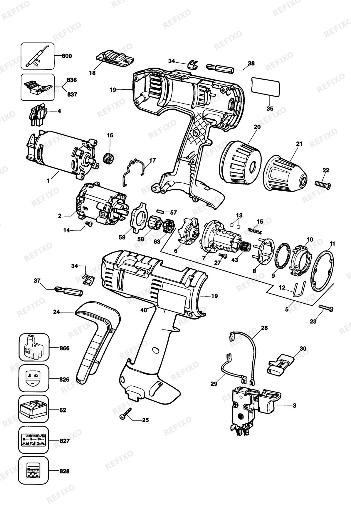 Деталировка DeWalt DW972K-DE TYPE 3 аккумуляторный - дрель DW972K-DE DW972K — схема запчастей в разборе