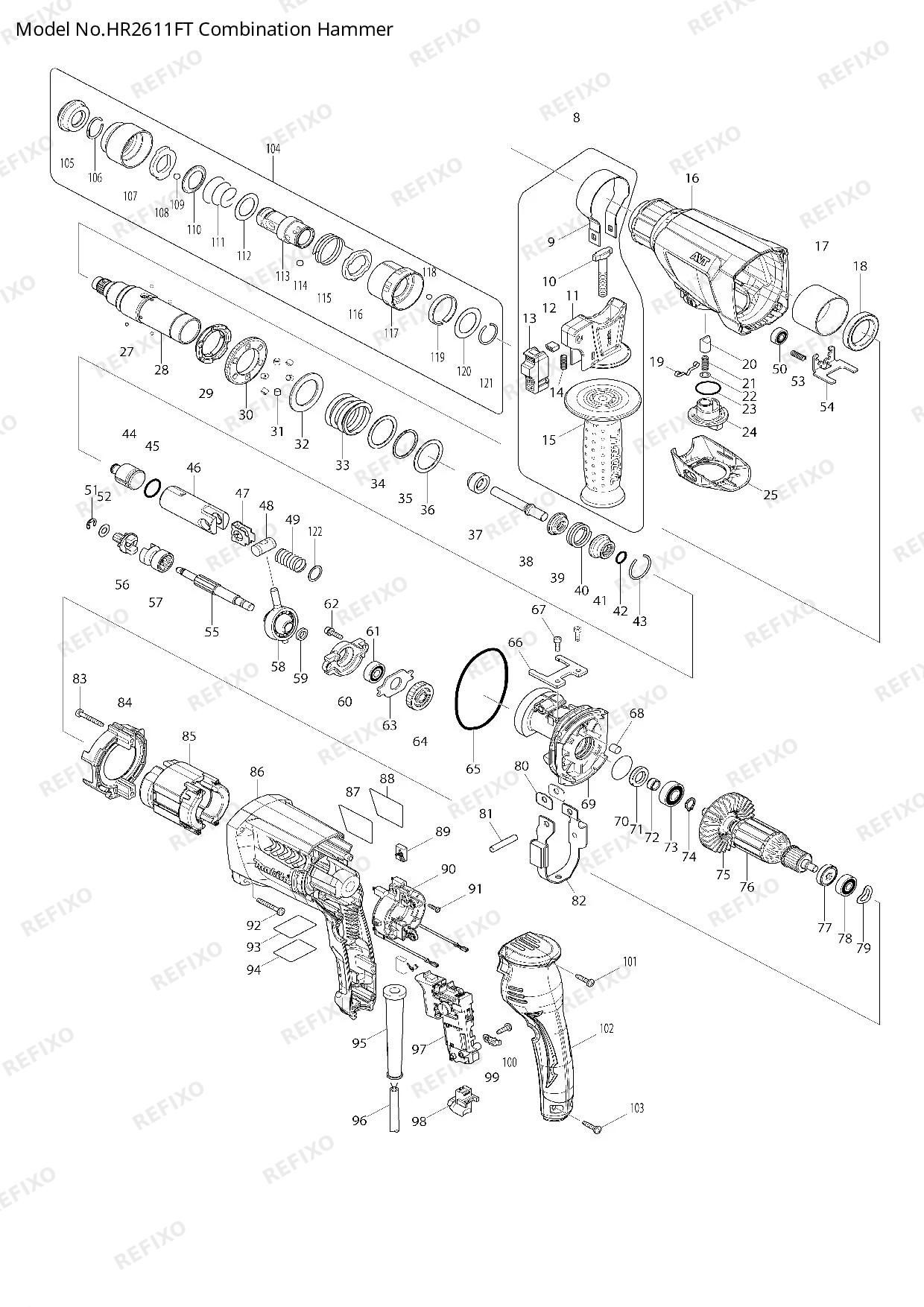 Деталировка MAKITA HR2611FT — схема запчастей в разборе