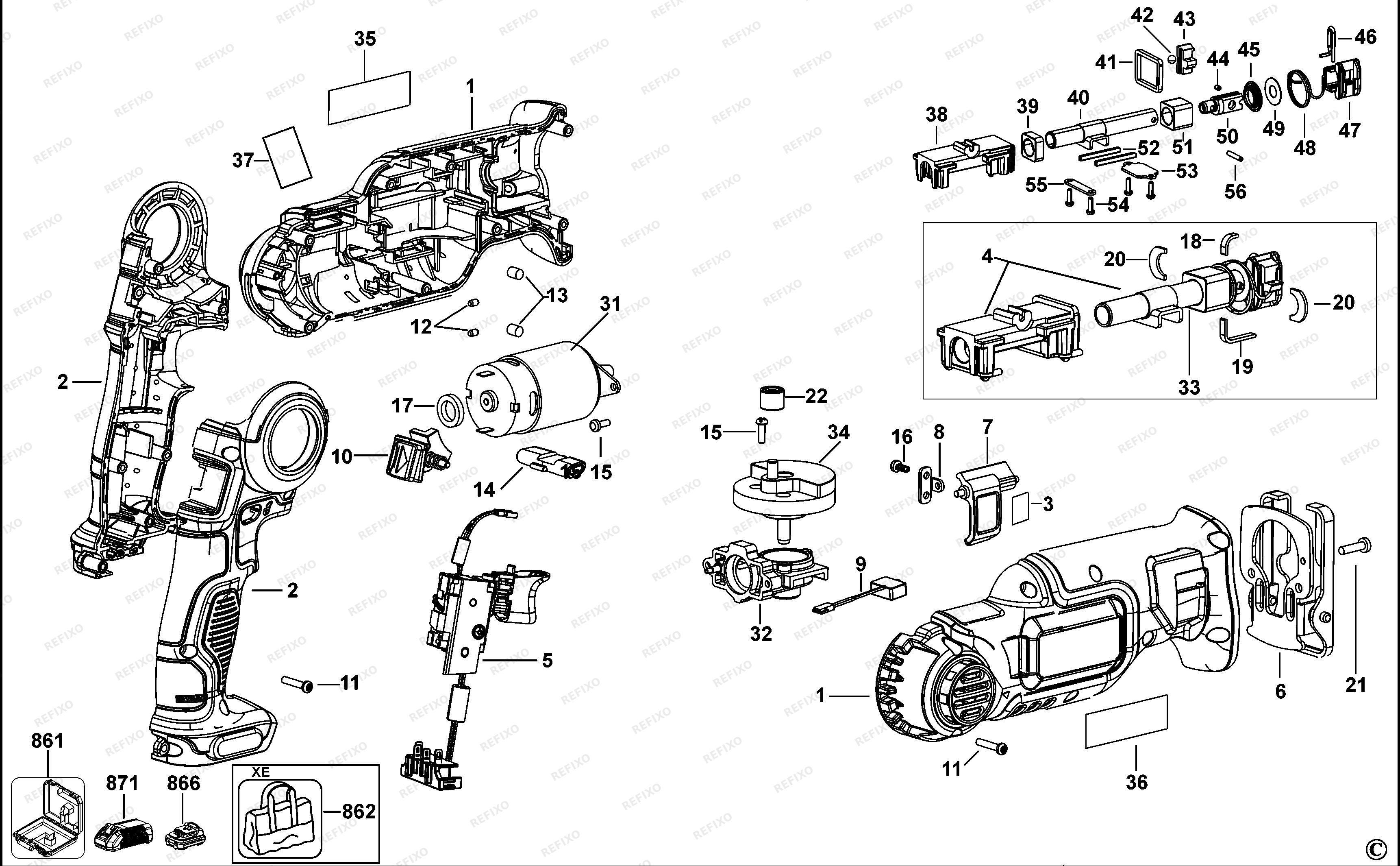 Деталировка DeWalt АККУМУЛЯТОРНАЯ САБЕЛЬНАЯ ПИЛА DCS310 — схема запчастей в разборе