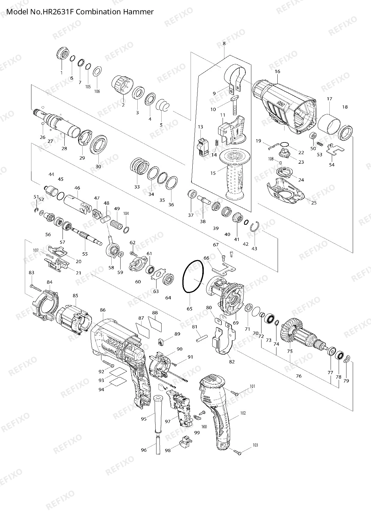 Деталировка MAKITA HR2631F — схема запчастей в разборе