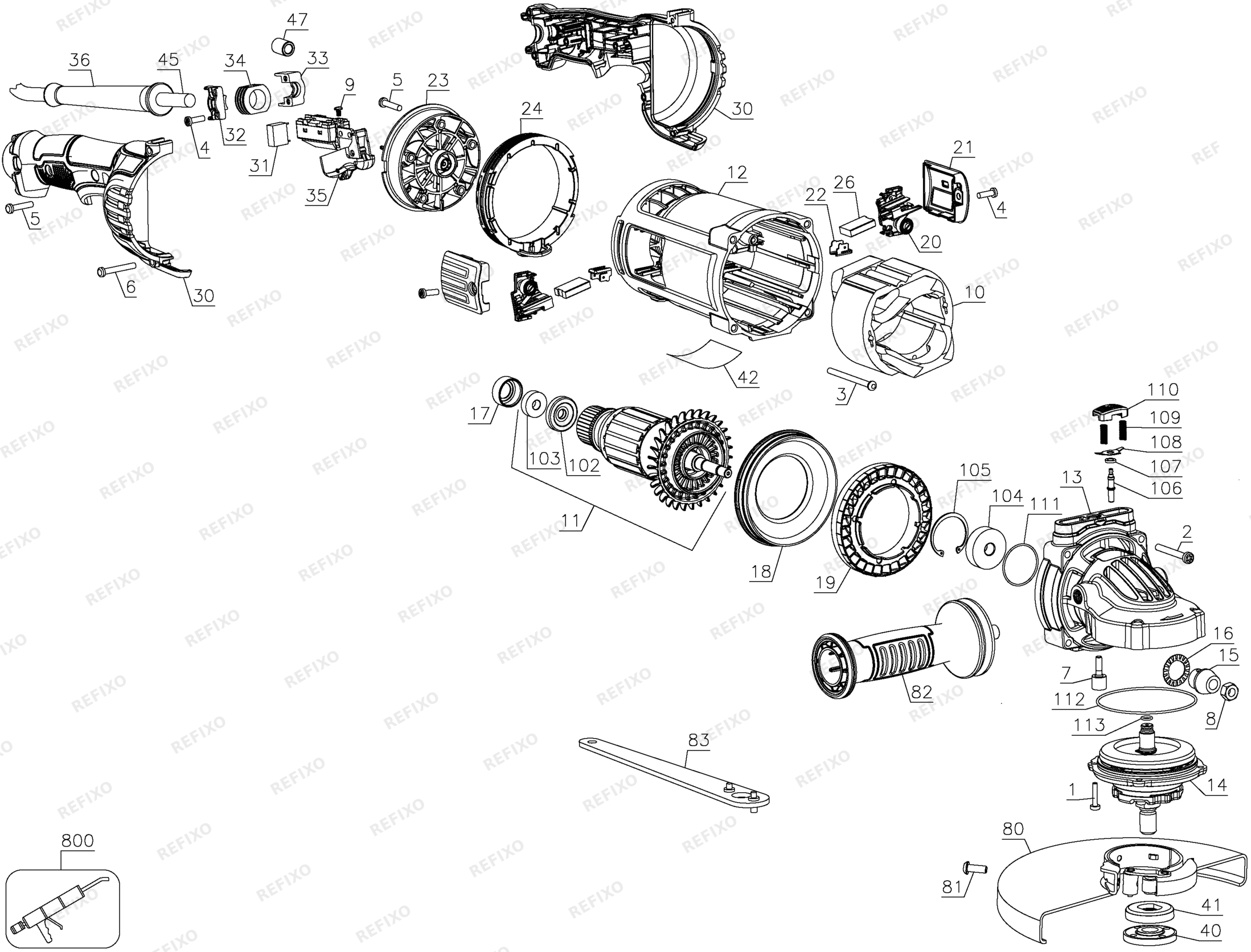 Деталировка DeWalt DWE4559-LX TYPE 1 угловая шлифмашина DWE4559-LX DWE4559 — схема запчастей в разборе