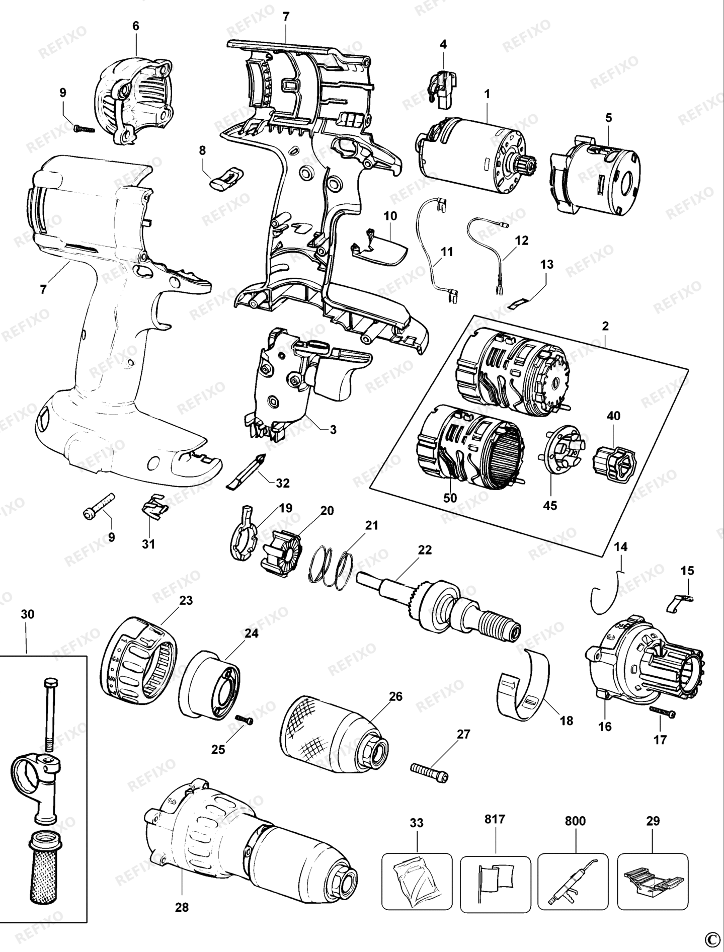 Деталировка DeWalt DW988-XJ TYPE 10 аккумуляторный - дрель DW988-XJ DW988 — схема запчастей в разборе