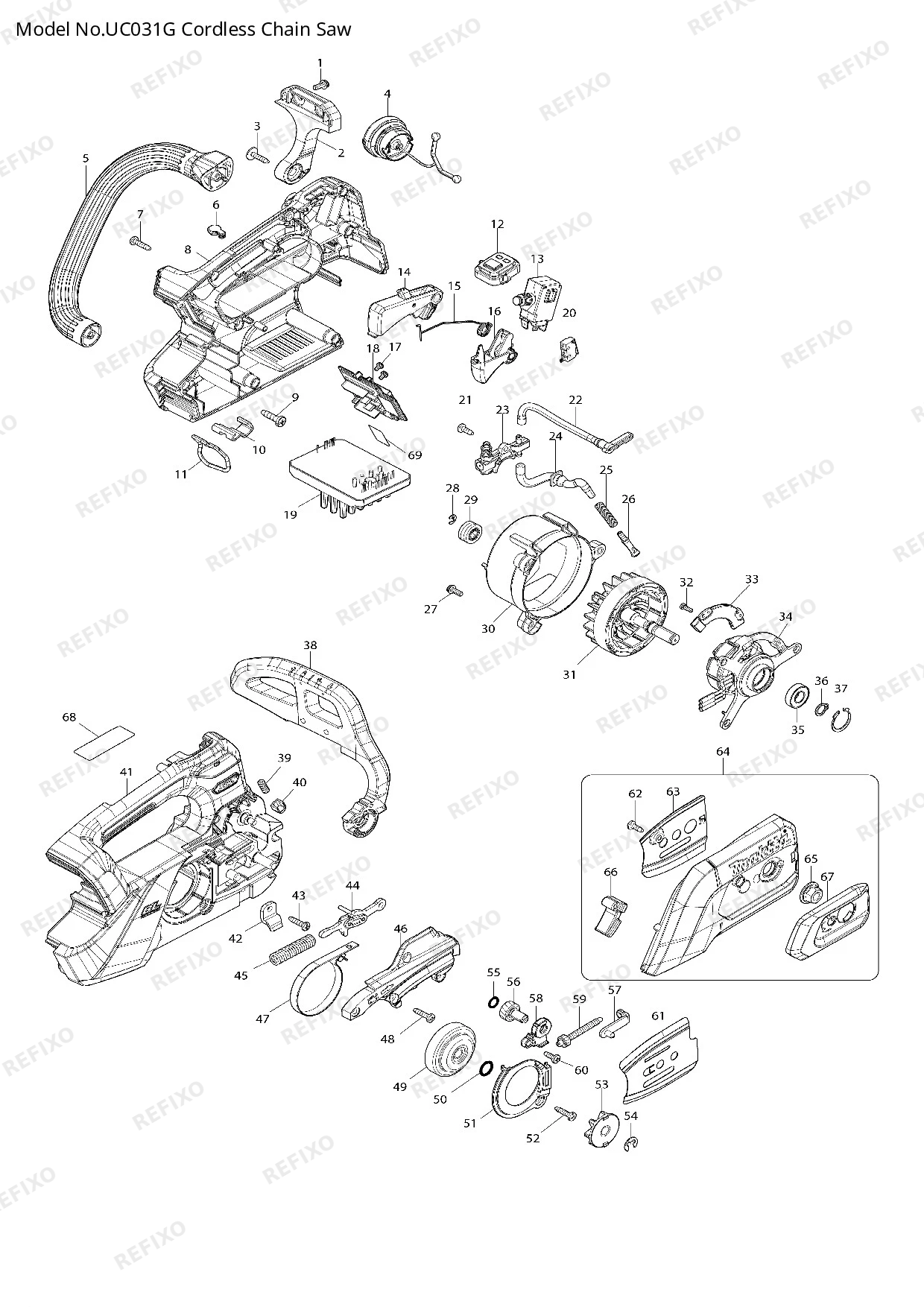 Деталировка MAKITA UC031G — схема запчастей в разборе