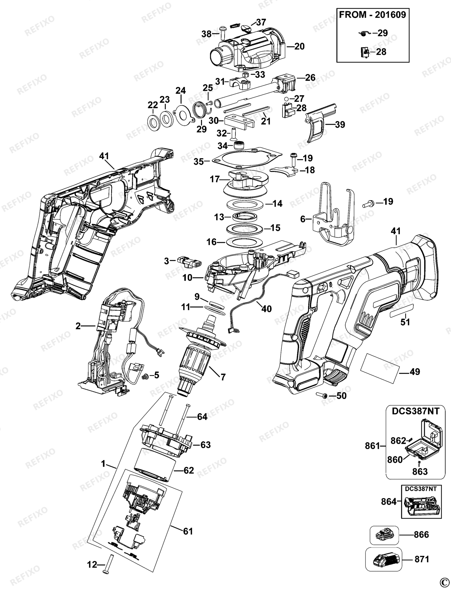 Деталировка DeWalt DCS387-QW TYPE 1 CORDLESS RECIPROCATING SAW DCS387-QW DCS387 — схема запчастей в разборе