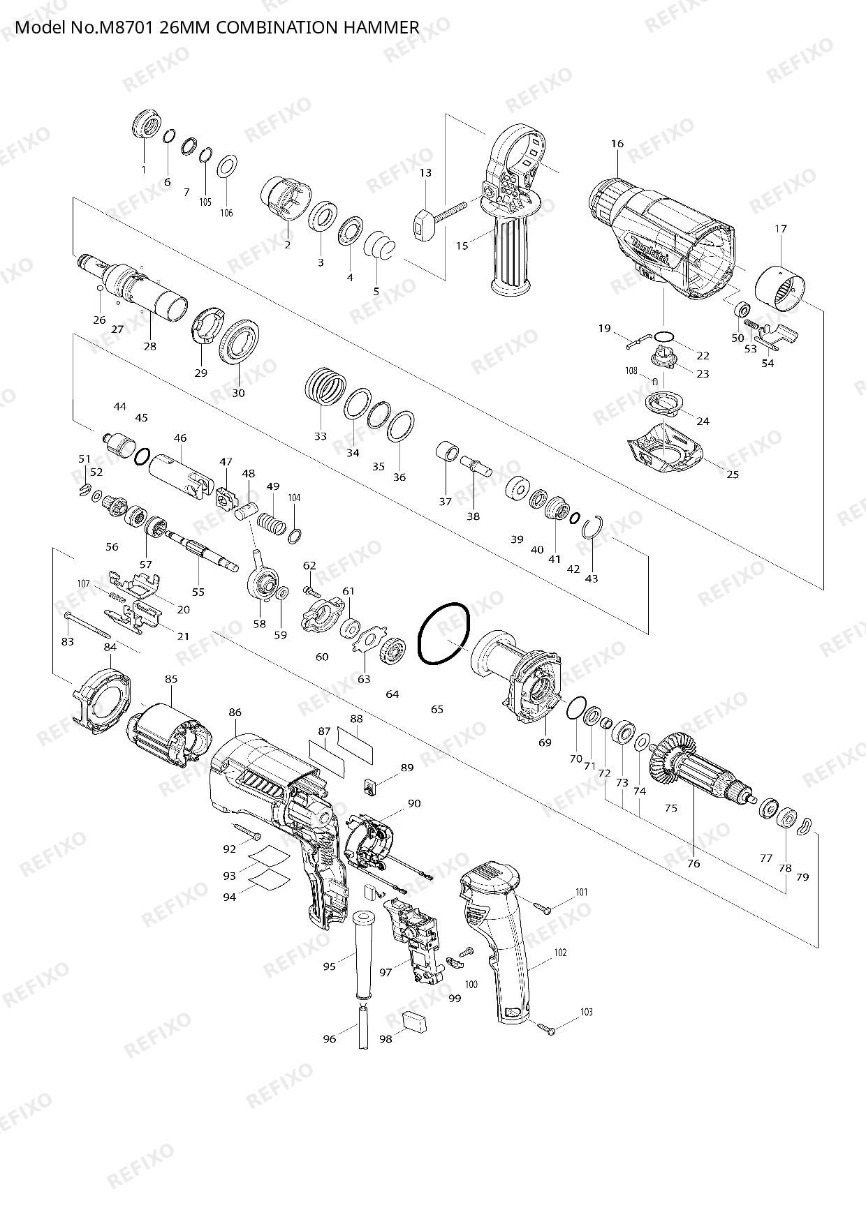 Деталировка MAKITA M8701 — схема запчастей в разборе