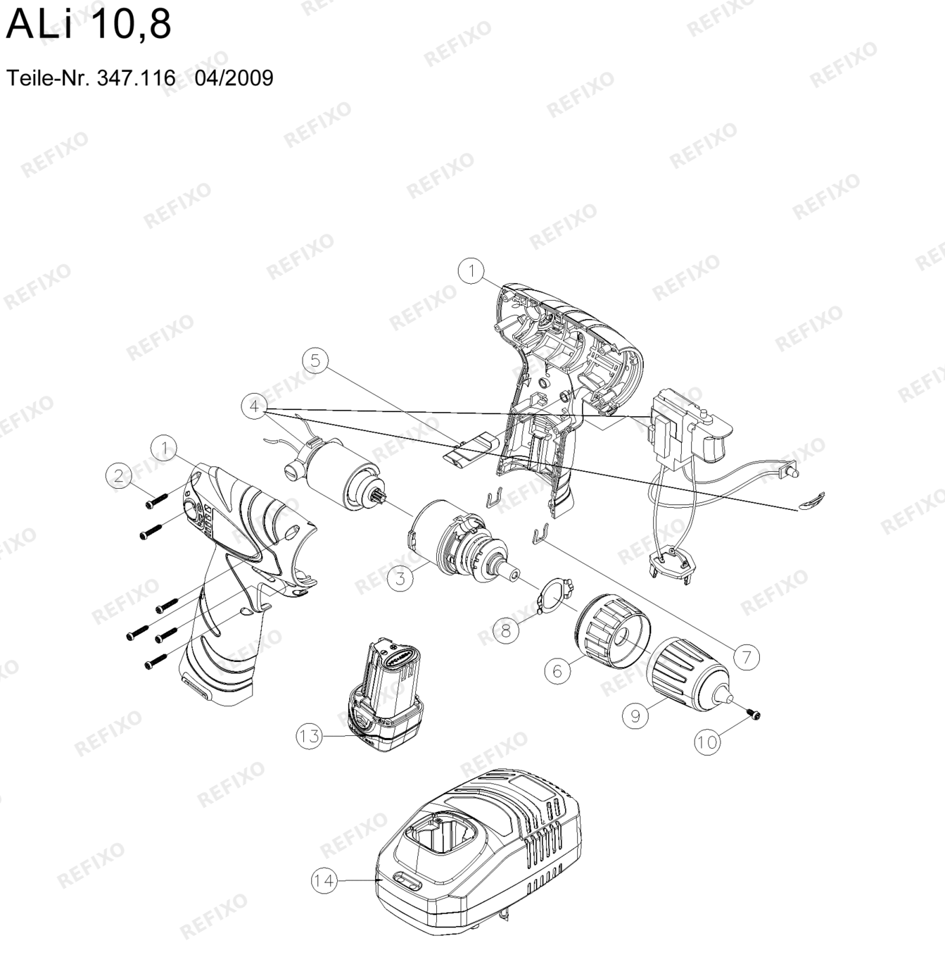Деталировка Flex Ali 108 Akkubohrschrauber 335509 — схема запчастей в разборе