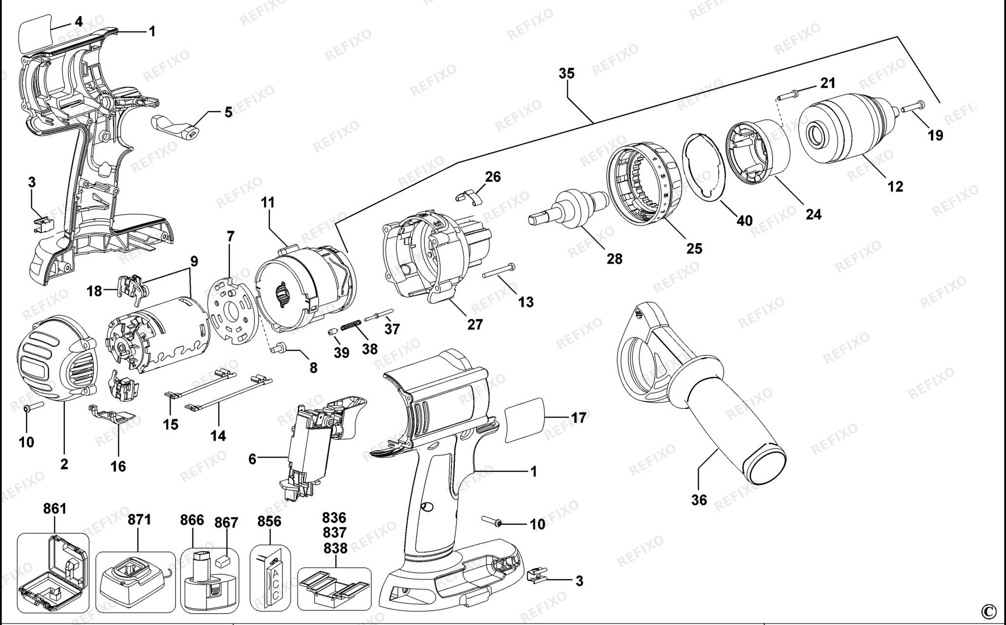 Деталировка DeWalt DC930K-XJ TYPE 1 аккумуляторный - дрель DC930K-XJ DC930K — схема запчастей в разборе