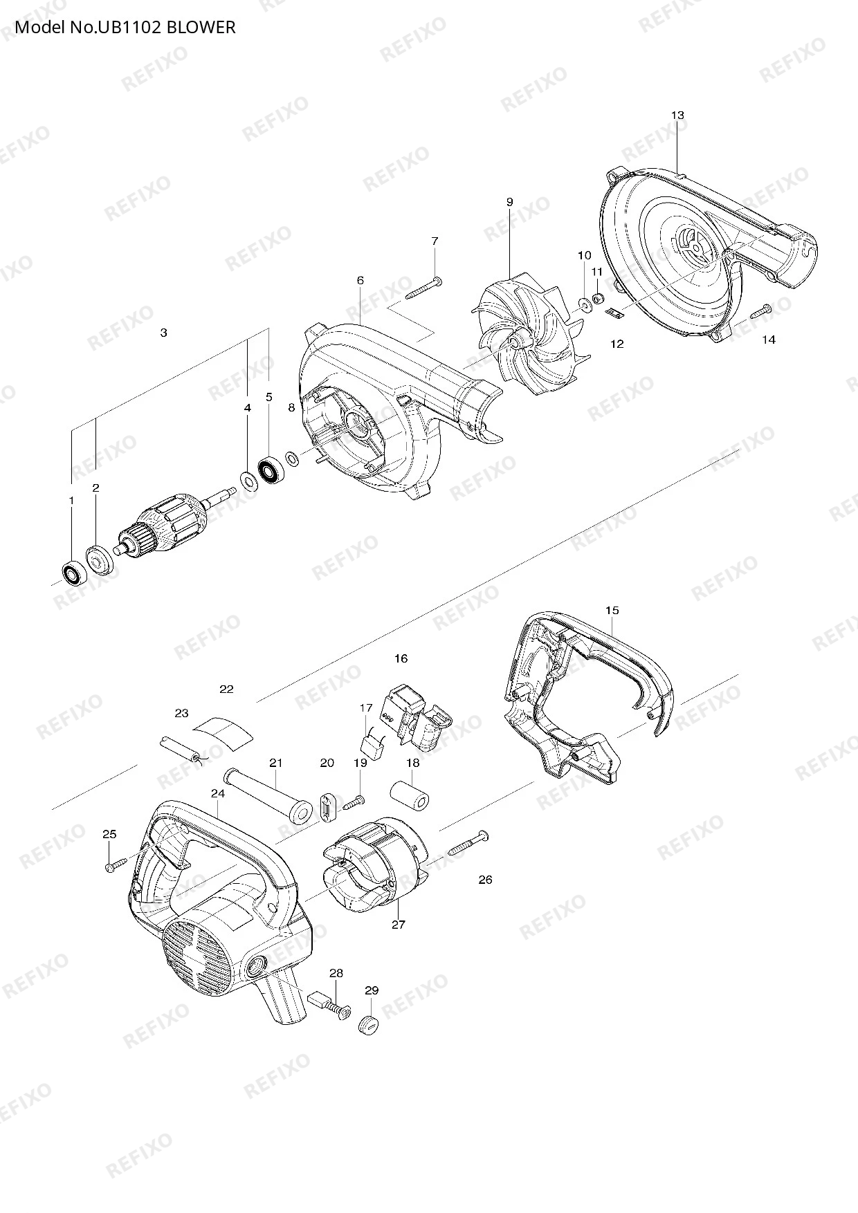 Деталировка MAKITA UB1102 — схема запчастей в разборе