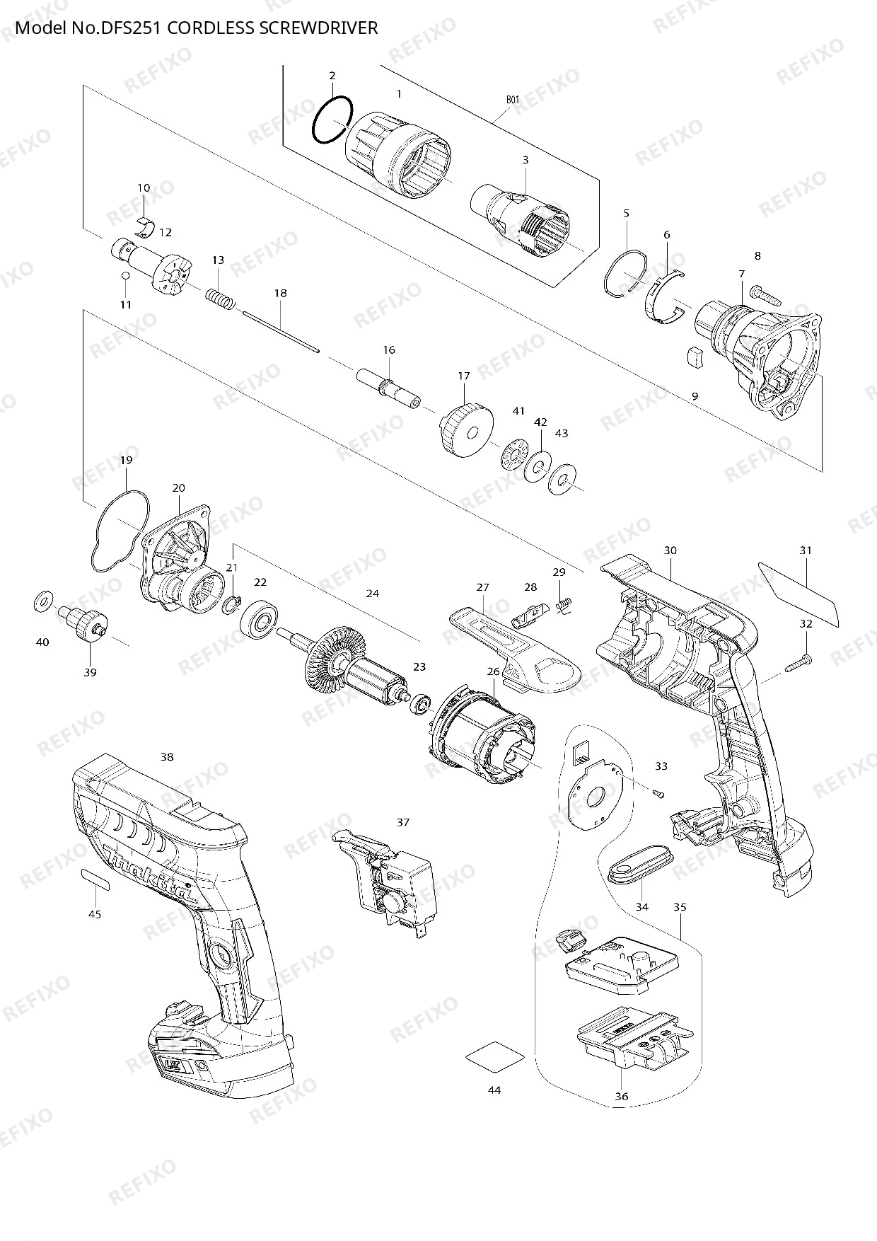 Деталировка MAKITA DFS251 — схема запчастей в разборе