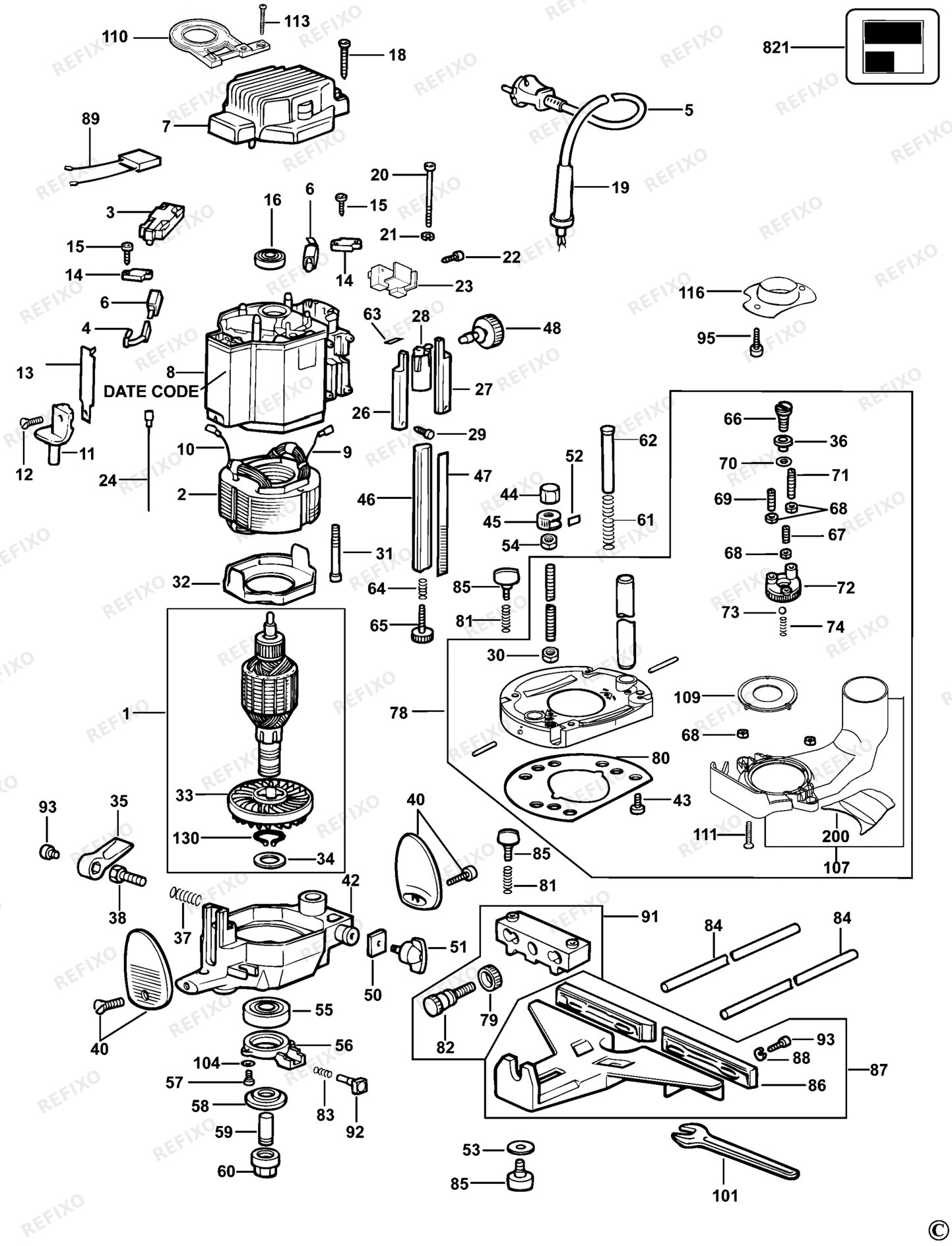 Деталировка DeWalt DW624-QS TYPE 2 HOHLFRÄSER DW624-QS DW624 — схема запчастей в разборе