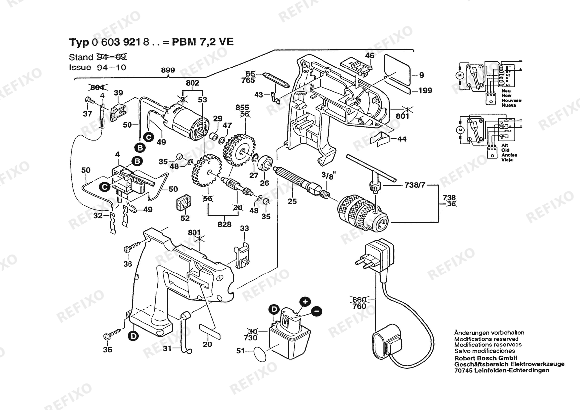 Деталировка Bosch Gw- аккумуляторный - дрель PBM 7,2 VE | 7.2 V | 001 - EU (0 603 921 823) — схема запчастей в разборе