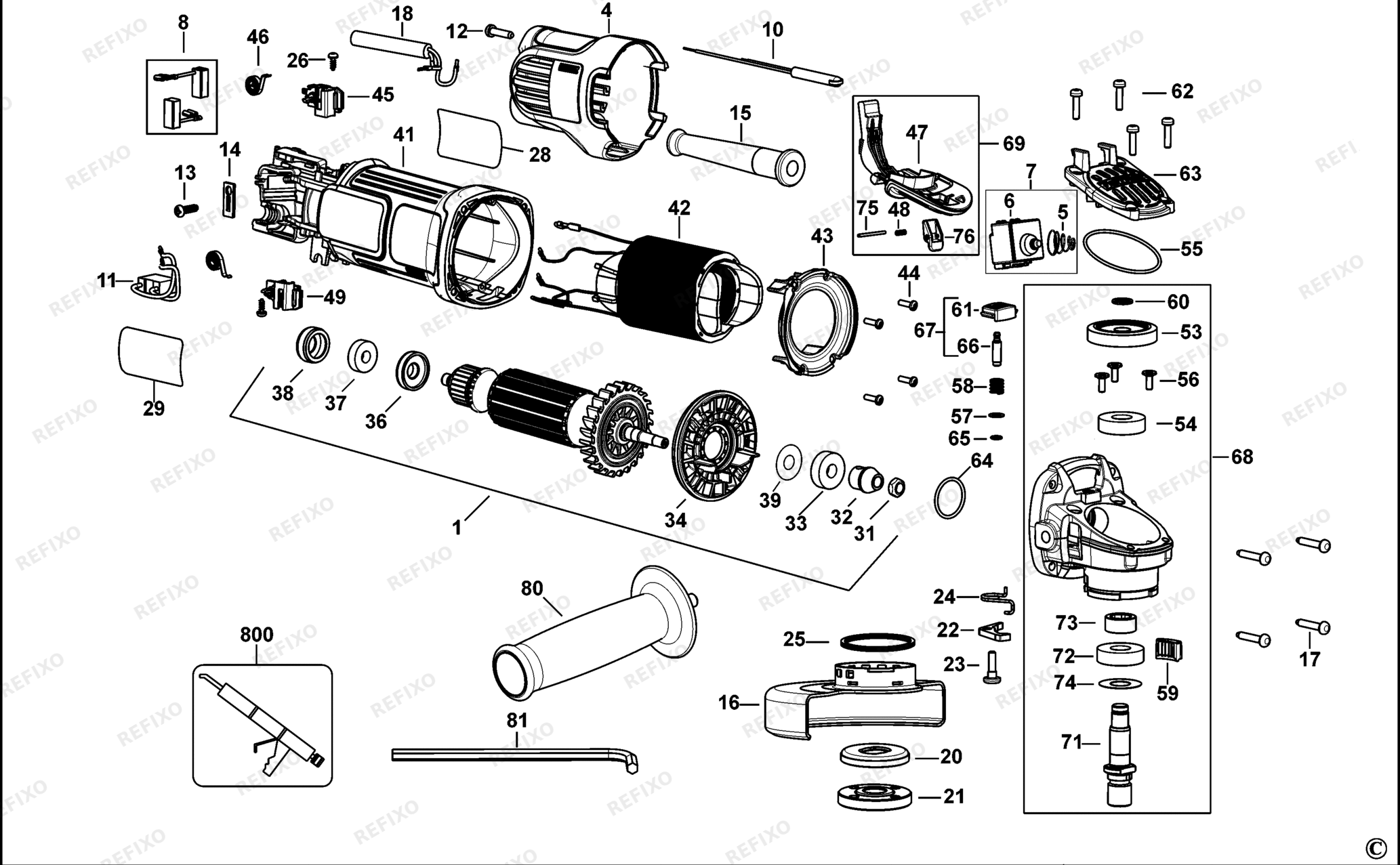 Деталировка DeWalt DWE4121-XJ TYPE 1 SMALL ANGLE GRINDER DWE4121-XJ DWE4121 — схема запчастей в разборе