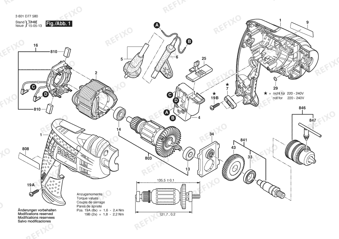 Деталировка Bosch Дрель GBM 13 RE | 230 V | 009 - CN (3 601 D77 580) — схема запчастей в разборе