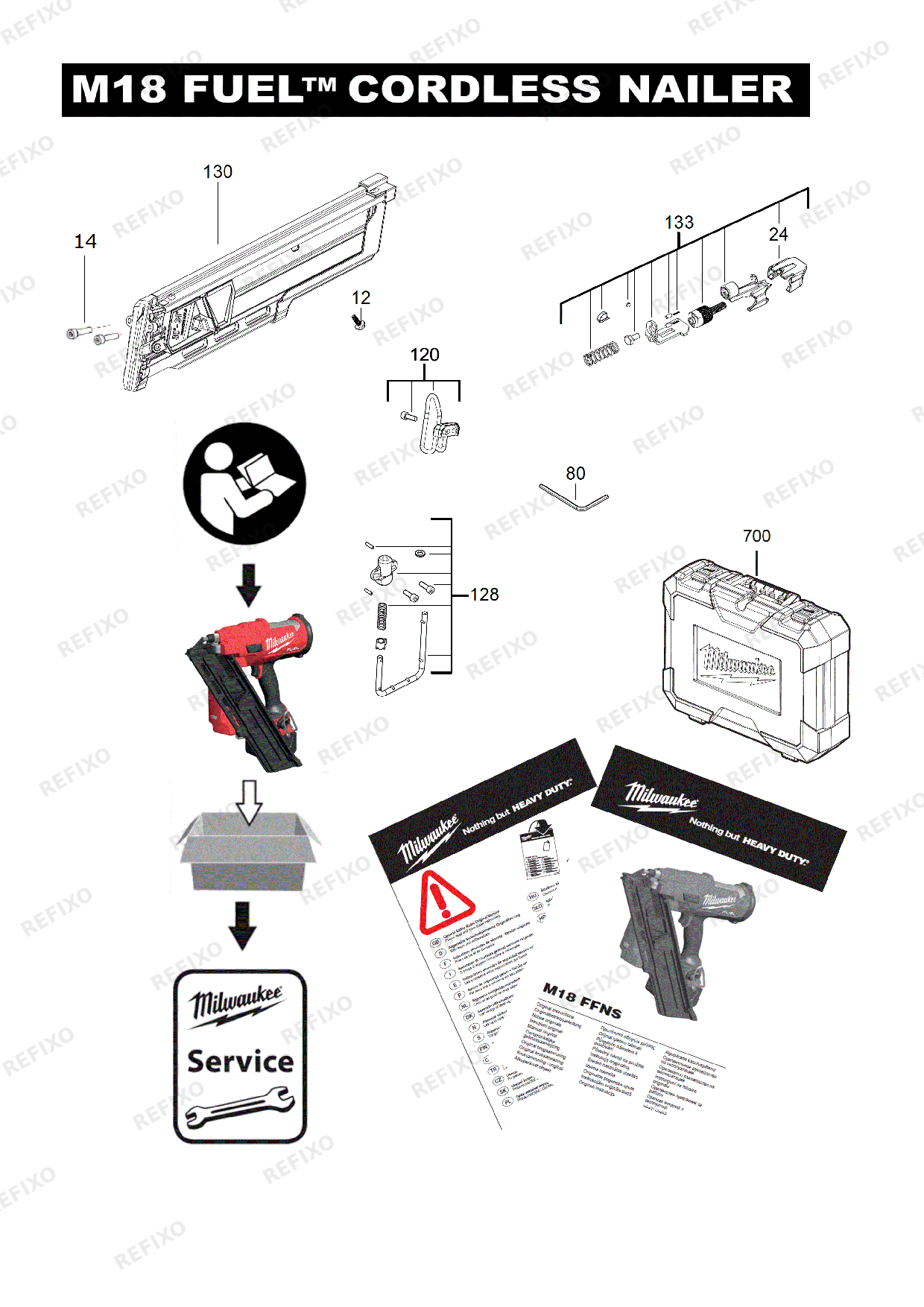Деталировка MILWAUKEE M18FFNS 502C IN2 4933478302 4000481239 — схема запчастей в разборе