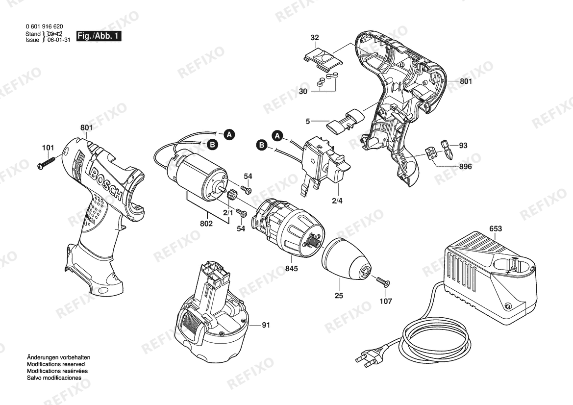 Деталировка Bosch Аккумуляторный -Mittelgriffschrauber GSR 9,6 V 2AK K | 9.6 V (0 601 916 630) — схема запчастей в разборе