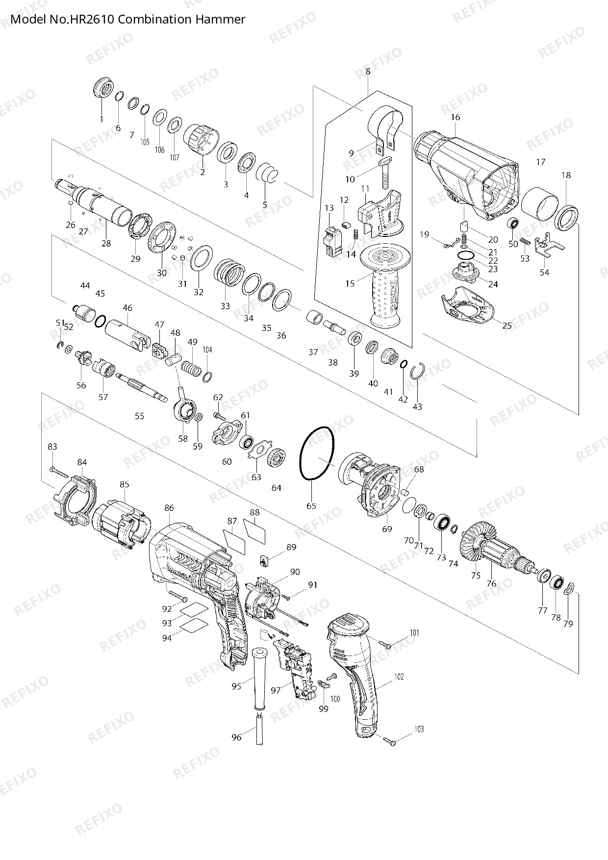 Деталировка MAKITA HR2610 — схема запчастей в разборе