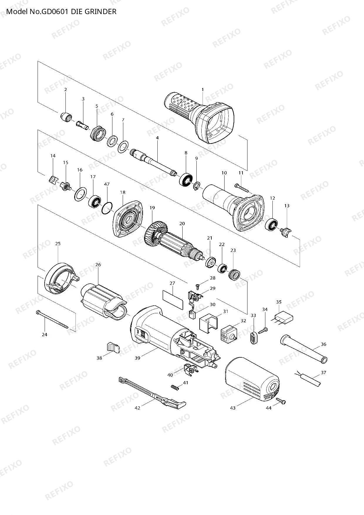 Деталировка MAKITA GD0601 — схема запчастей в разборе
