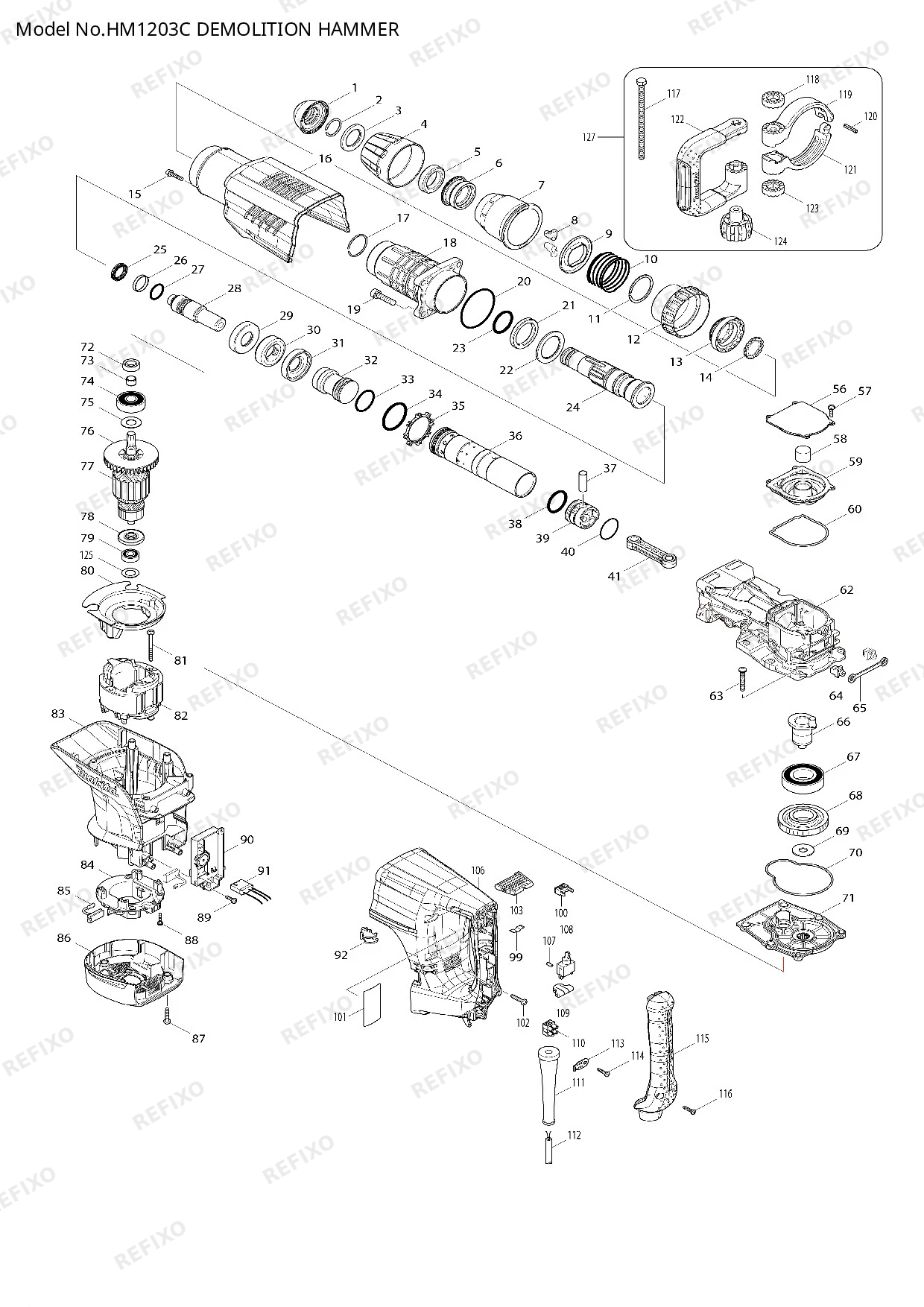 Деталировка MAKITA HM1203C — схема запчастей в разборе