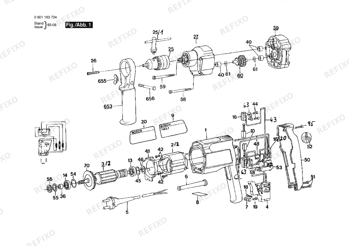Деталировка Bosch Дрель GBM 13 RE | 115 V | 025 - AMS (0 601 163 734) — схема запчастей в разборе