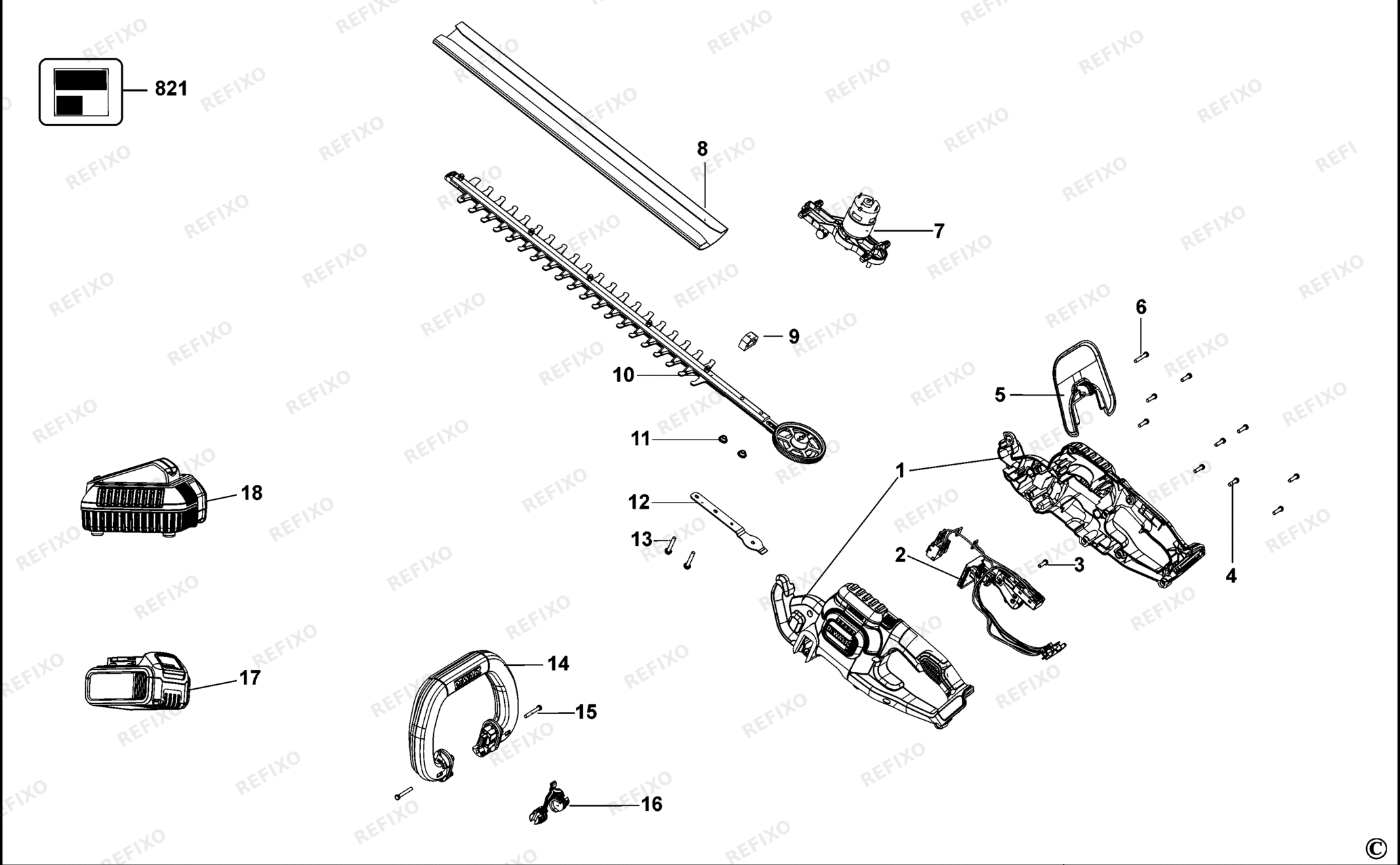 Деталировка DeWalt DCM563-QW TYPE 1 HECKENSCHERE DCM563-QW DCM563 — схема запчастей в разборе