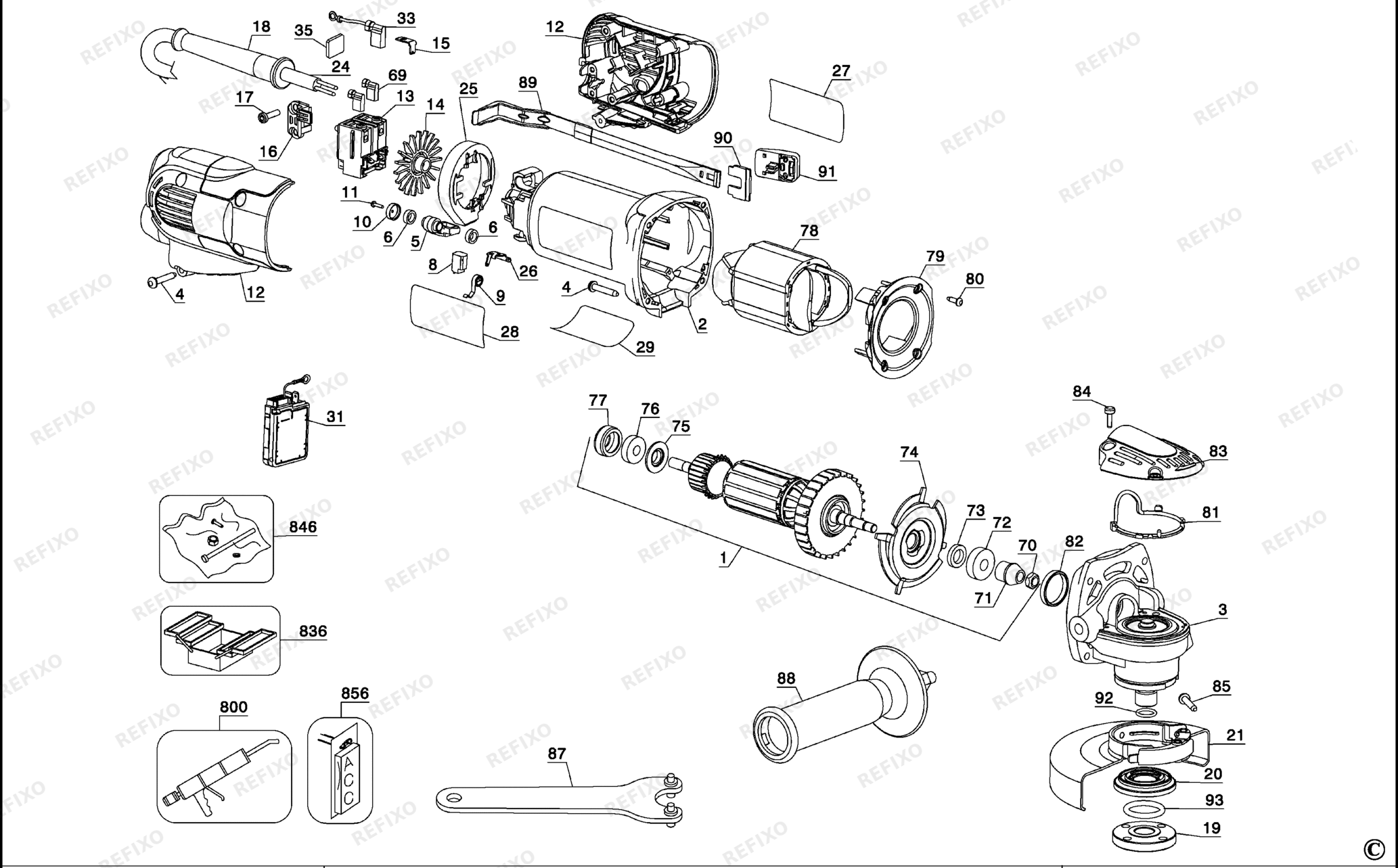 Деталировка DeWalt D28131-XJ TYPE 1 SMALL ANGLE GRINDER D28131-XJ D28131 — схема запчастей в разборе
