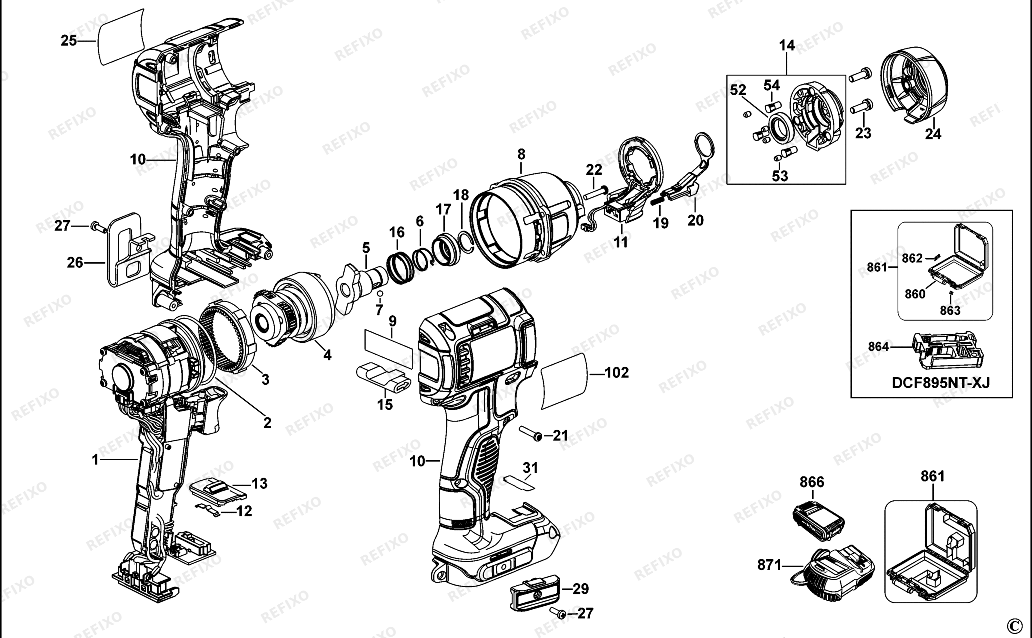 Деталировка DeWalt DCF895-QW TYPE 10 SCHLAGSCHRAUBER DCF895-QW DCF895 — схема запчастей в разборе