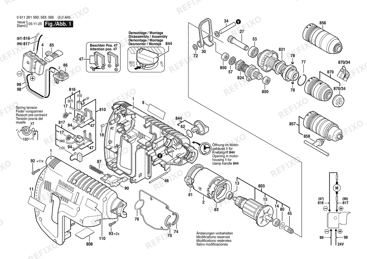 Деталировка Bosch Gw- аккумуляторный - перфоратор GBH 24 VFR | 24 V | 036 - GB (0 611 261 566) — схема запчастей в разборе