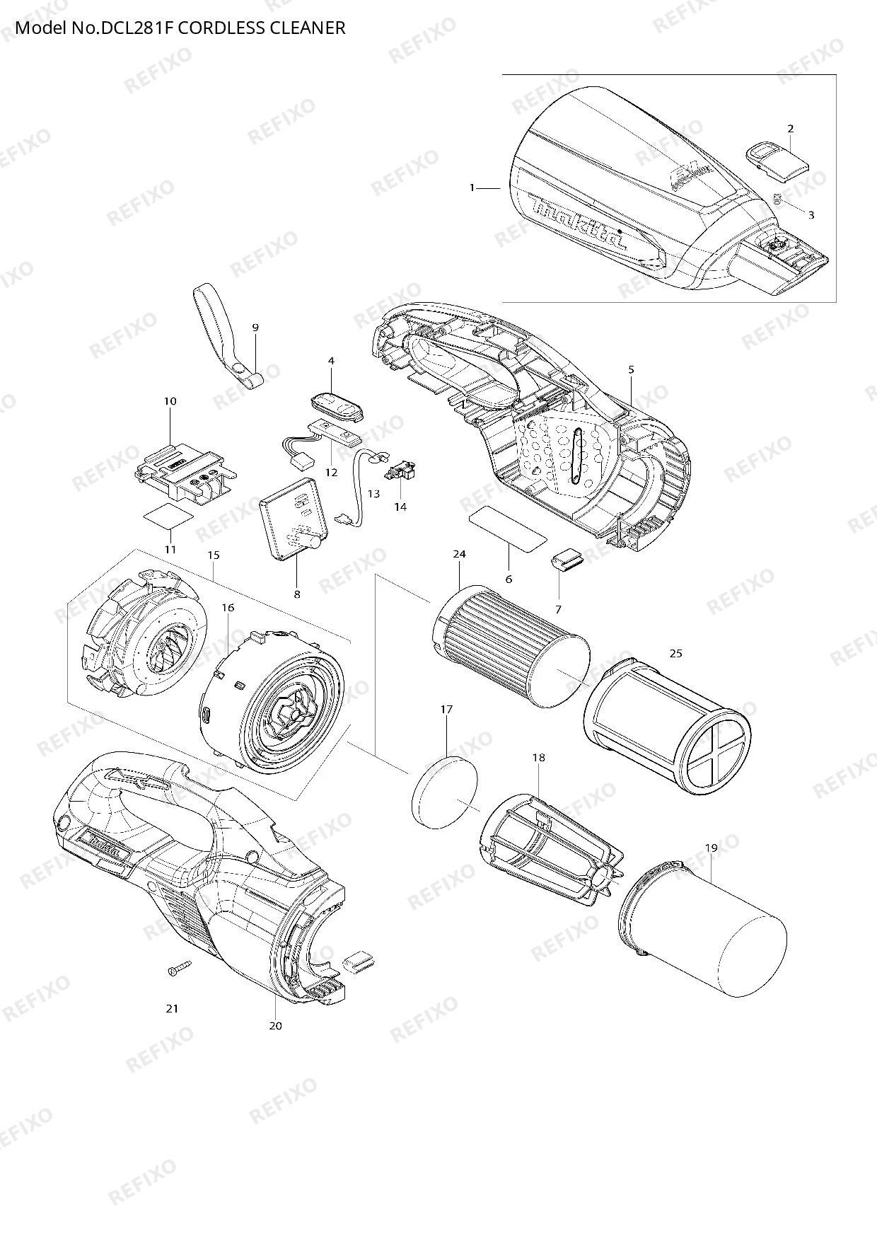 Деталировка MAKITA DCL281F — схема запчастей в разборе