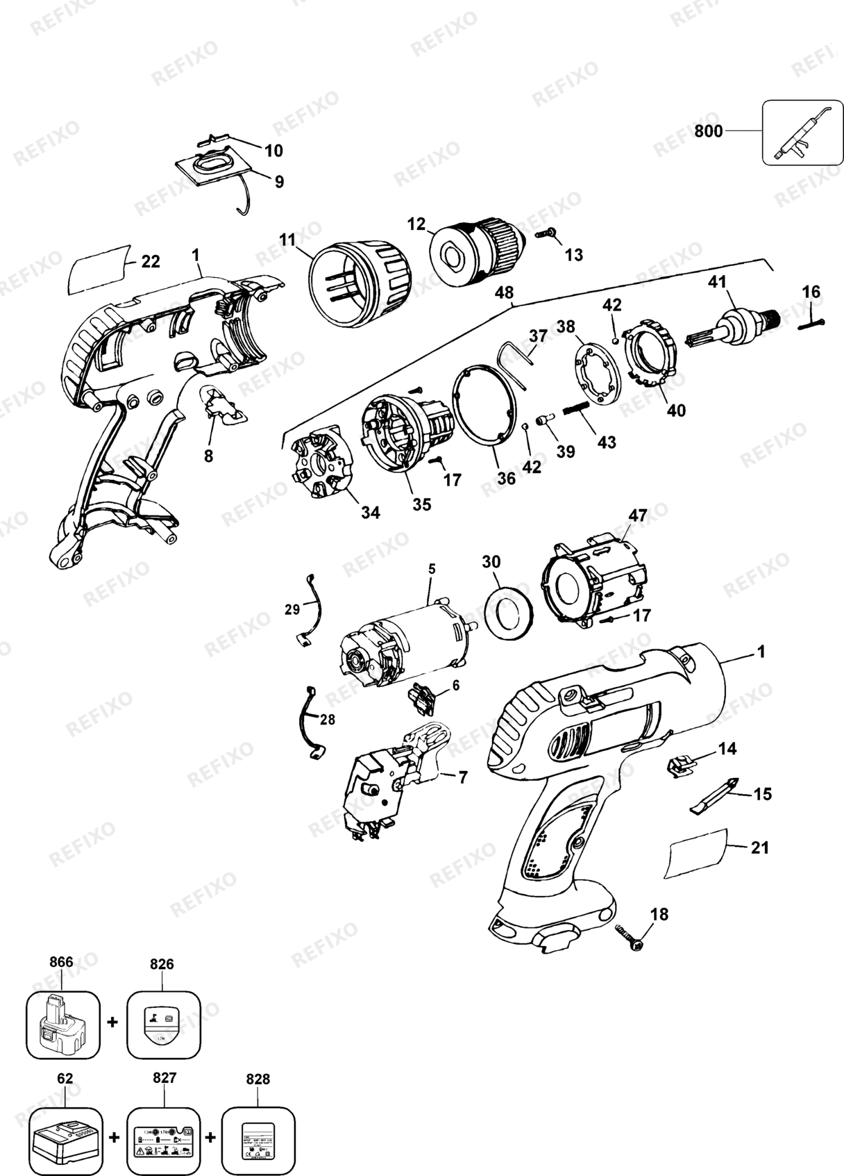 Деталировка DeWalt DW958K-QW TYPE 1 аккумуляторный - дрель DW958K-QW DW958K — схема запчастей в разборе