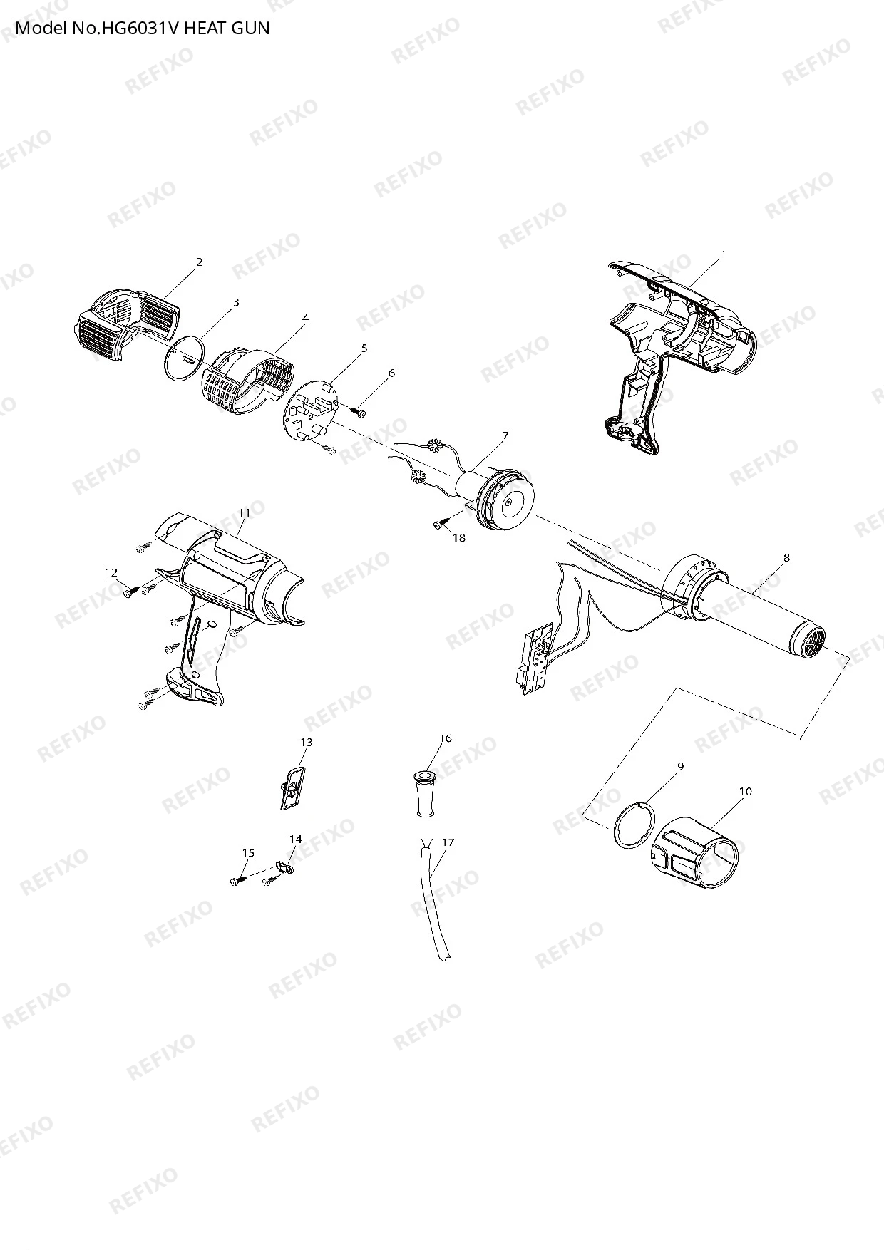 Деталировка MAKITA HG6031V — схема запчастей в разборе