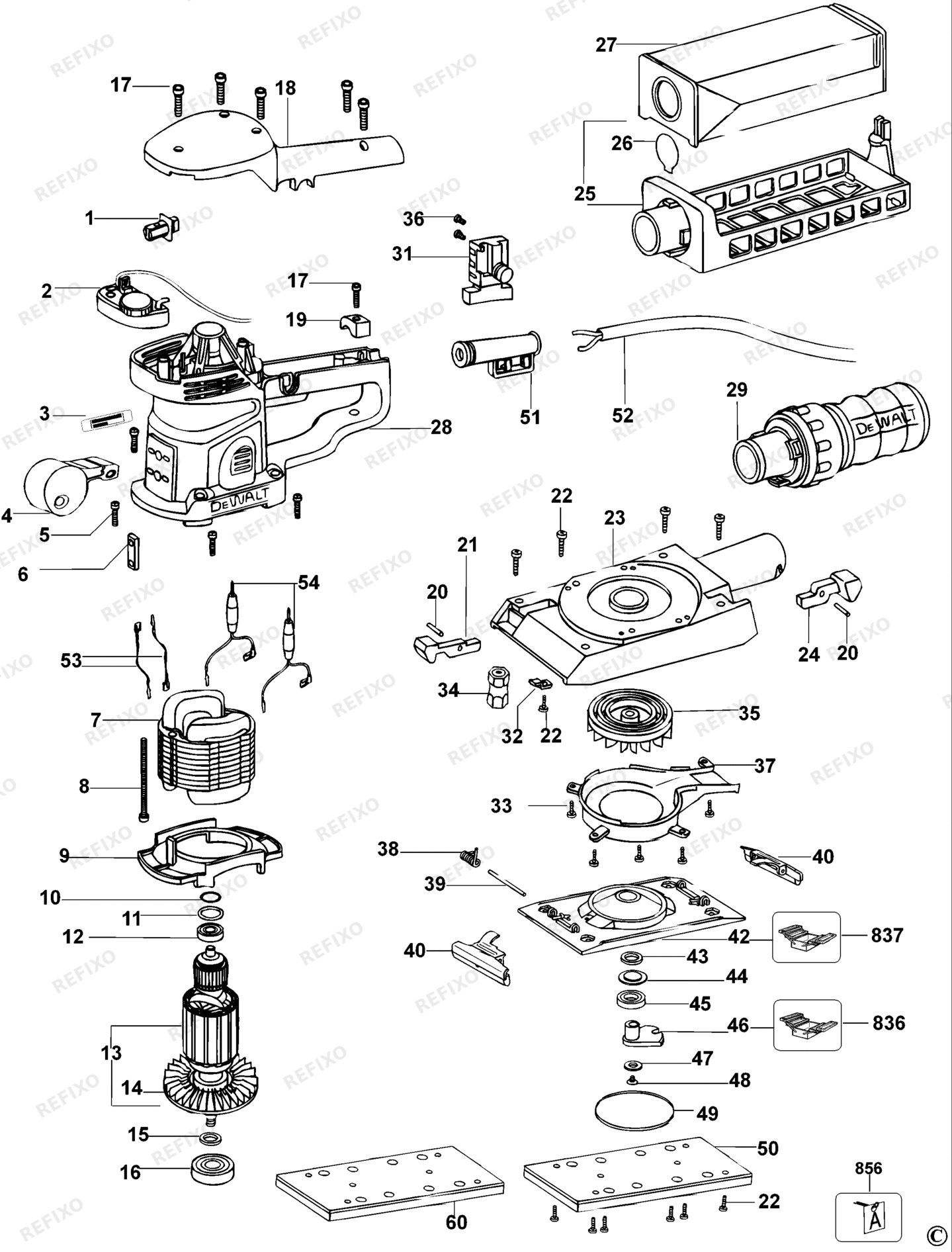 Деталировка DeWalt D26422-QS TYPE 1 шлифмашина D26422-QS D26422 — схема запчастей в разборе