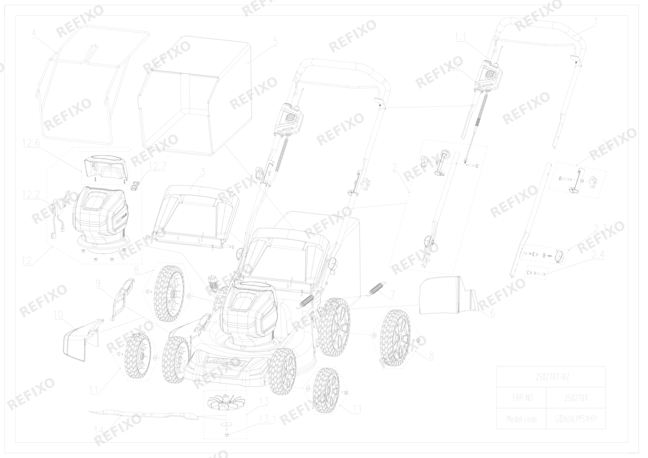 Деталировка Greenworks 2502707-Exploded view — схема запчастей в разборе