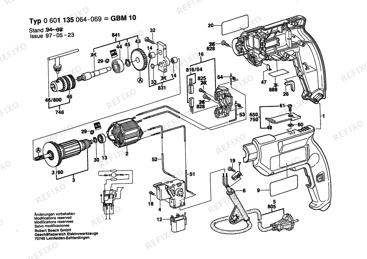 Деталировка Bosch Дрель GBM 10 | 230 V | 058 - TH (0 601 135 064) — схема запчастей в разборе