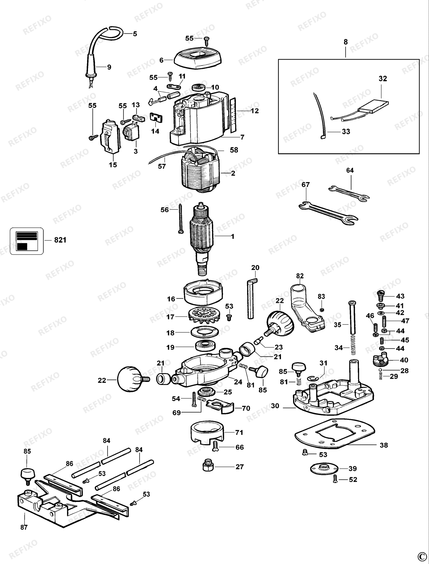 Деталировка DeWalt DW614-QS TYPE 4 FRÄSMASCHINE DW614-QS DW614 — схема запчастей в разборе